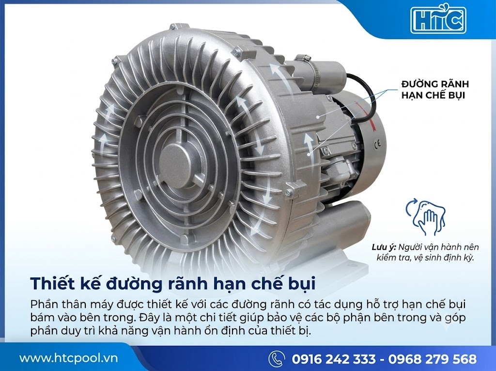 Máy thổi khí con sò Kripsol SKH250T1 có đường rãnh hạn chế bụi.
