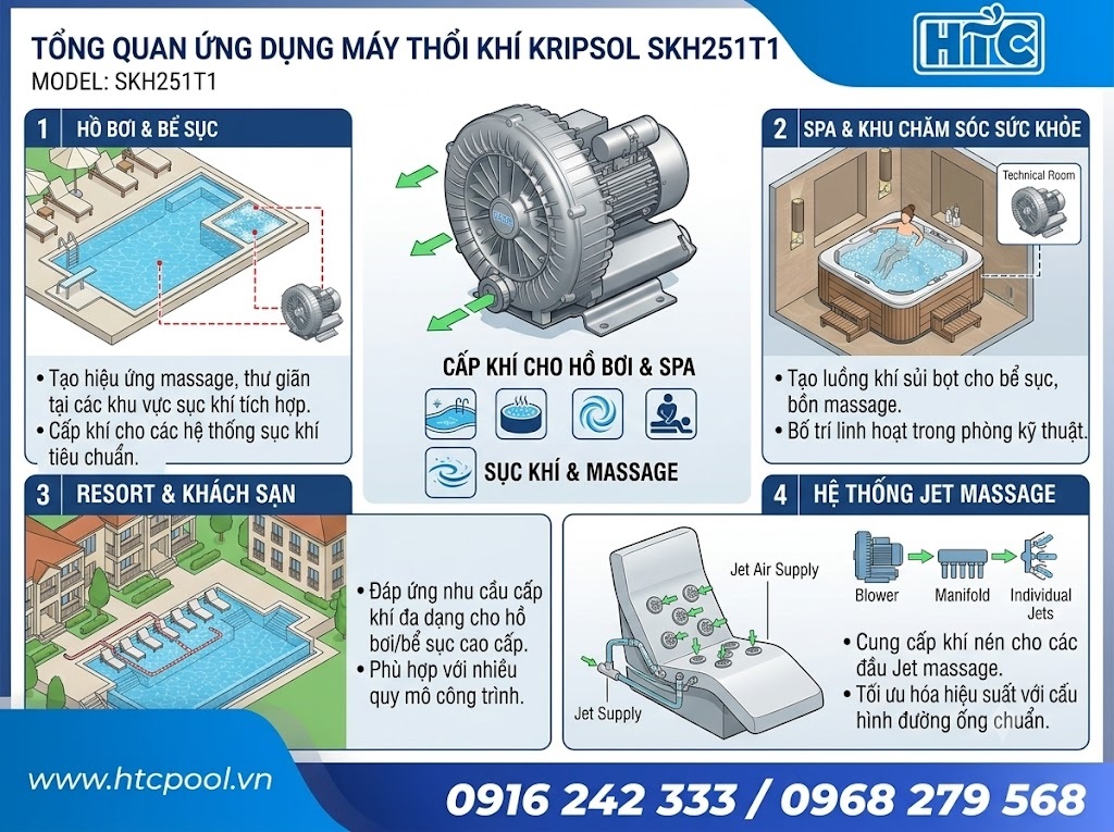 Máy thổi khí con sò Kripsol SKH251T1 có thể được ứng dụng trong nhiều hệ thống cần cung cấp khí và tạo hiệu ứng sục khí.