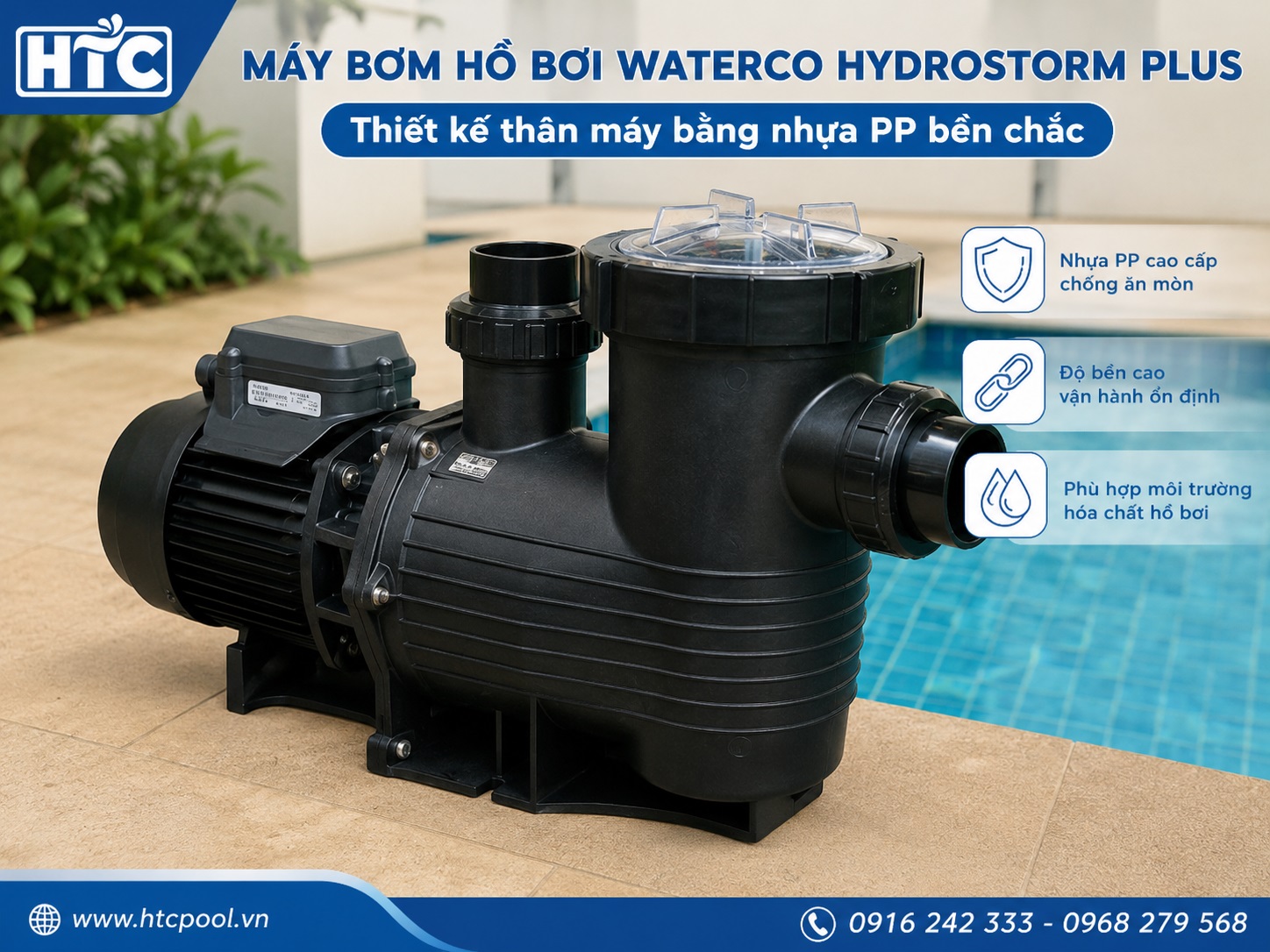 Thân máy bơm Waterco Hydrostorm Plus bằng nhựa PP bền chắc.