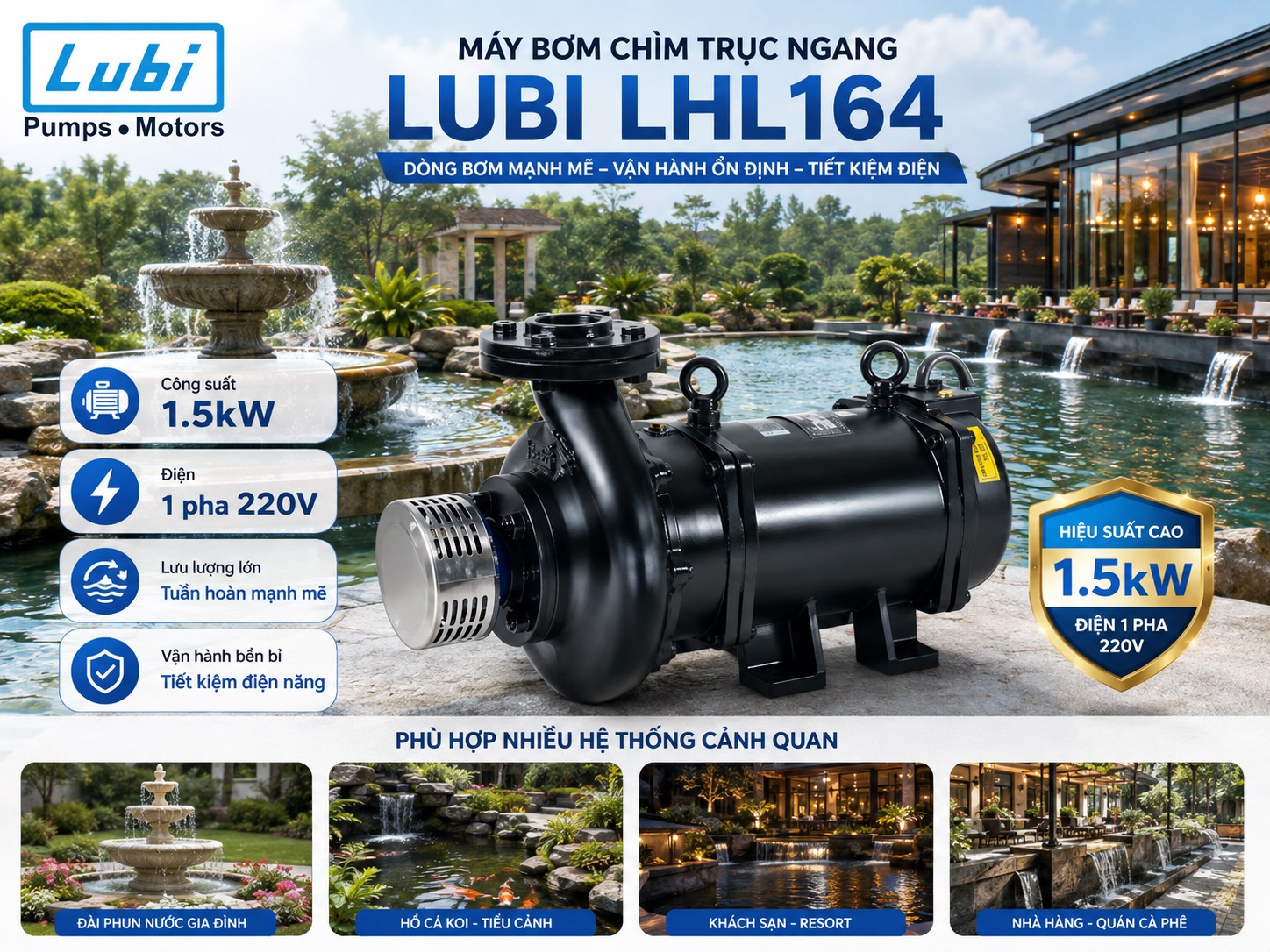 Máy bơm đài phun Lubi có công suất 1.5kW.