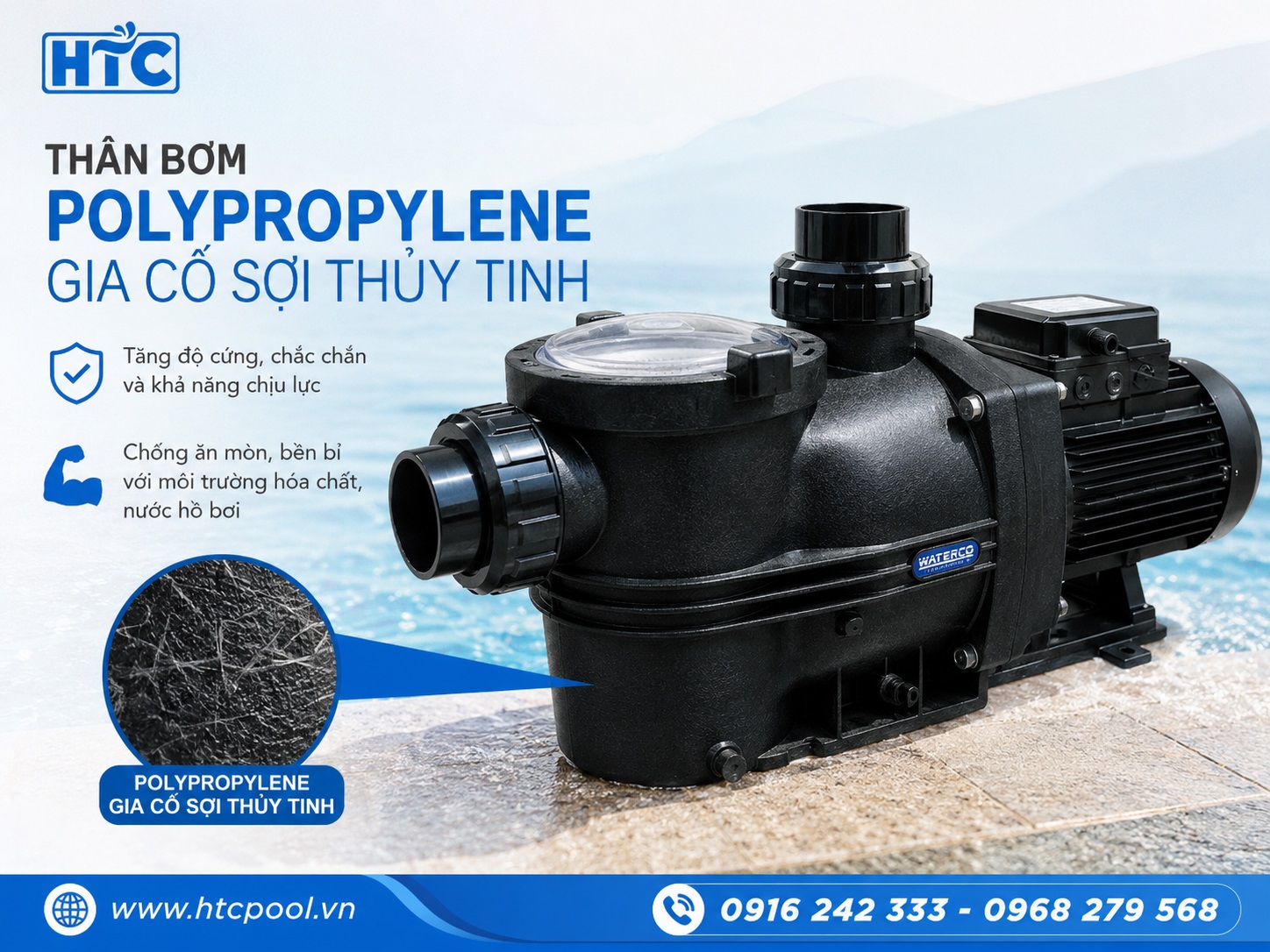 Máy bơm Waterco Hydrostar-MKIV có thân bơm polypropylene gia cố sợi thủy tinh chắc chắn.
