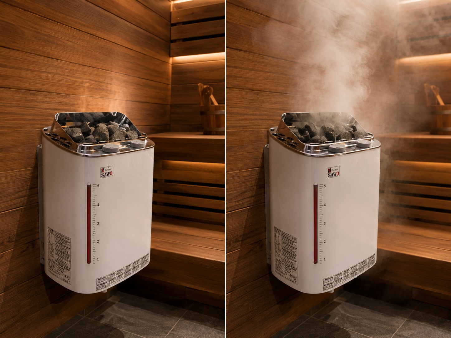 Máy xông hơi khô Sawo Scandia Combi có khả năng kết hợp hệ thống gia nhiệt bằng đá Sauna với bộ tạo hơi.