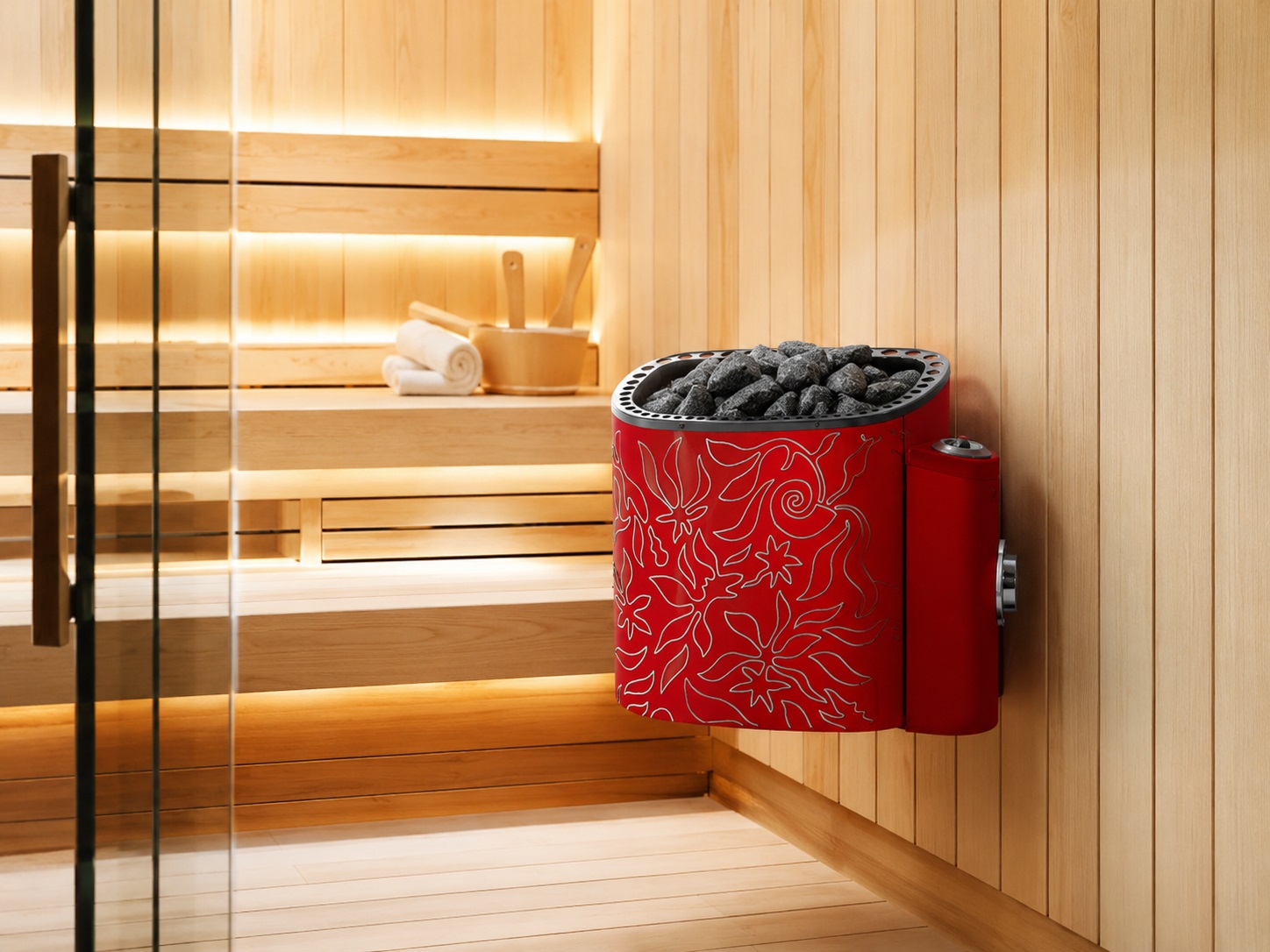 Máy xông hơi khô Sawo Scandire được trang trí bởi họa tiết Junglefire độc đáo.