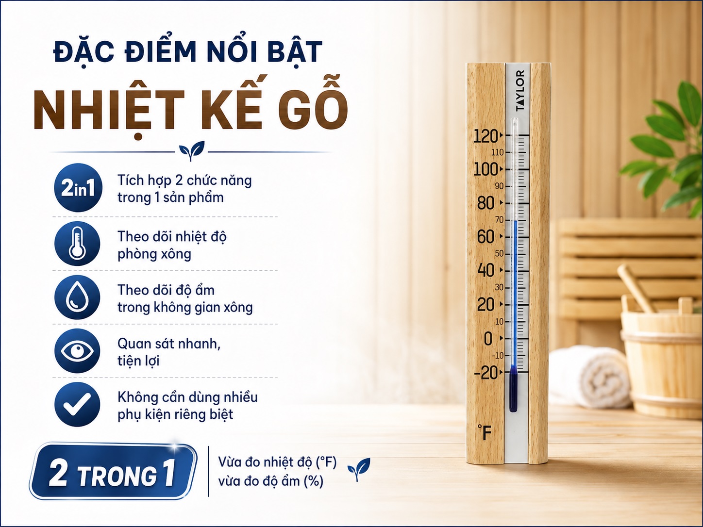 Nhiệt kế gỗ vừa đo nhiệt độ vừa đo độ ẩm cho phòng xông hơi.