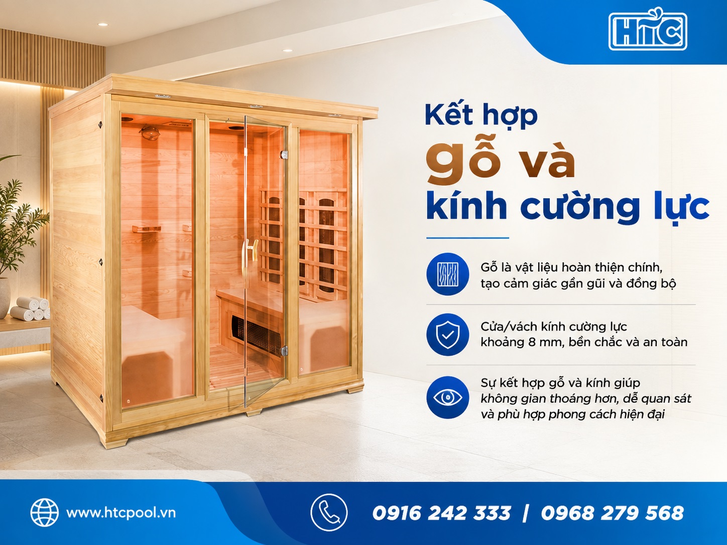 Phòng xông hơi khô 4 người kết hợp hài hòa giữa gỗ tự nhiên và kính cường lực, mang đến không gian Sauna thoáng, hiện đại và tiện nghi.