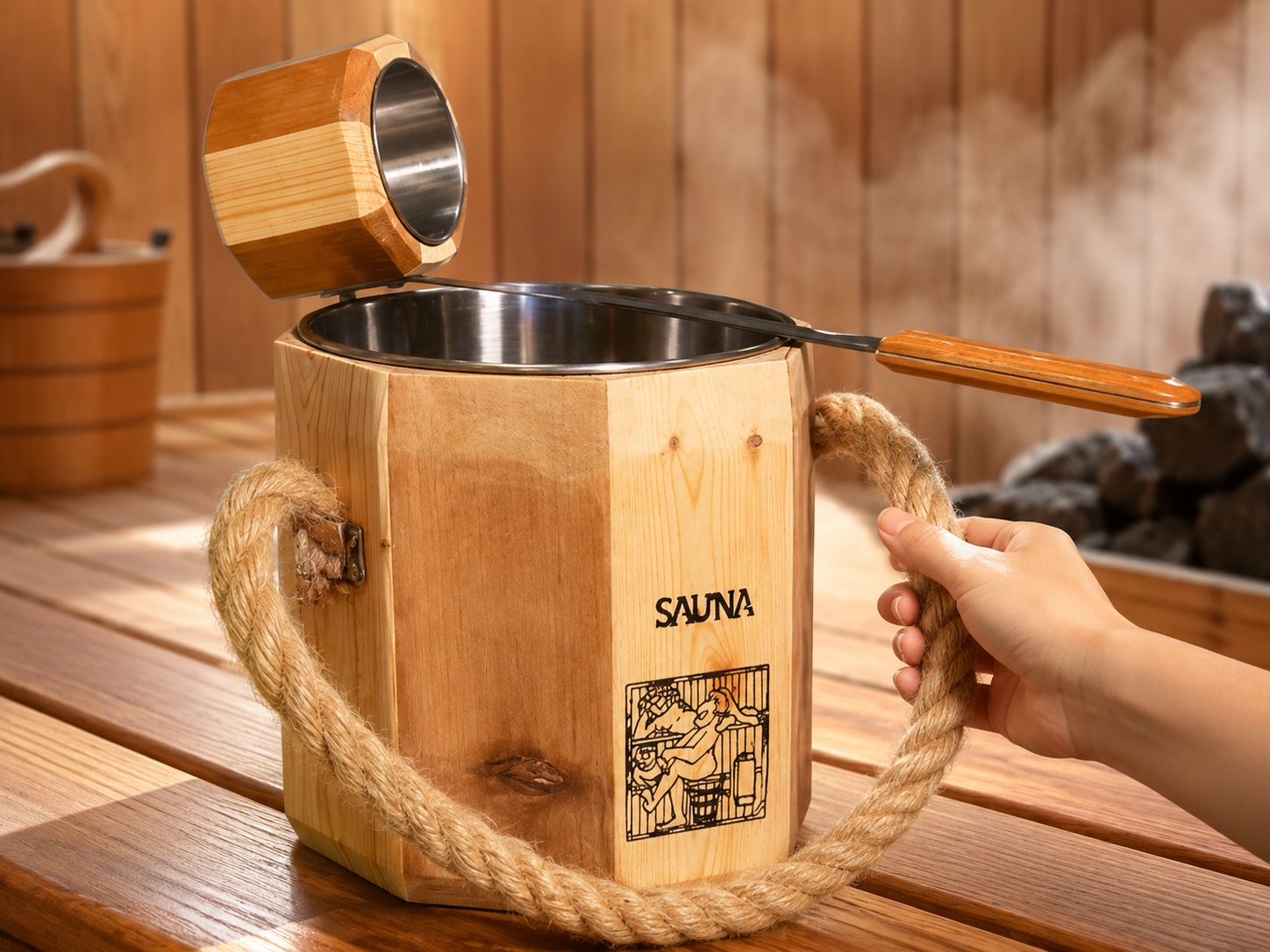 Xô gỗ Sauna với bề mặt gỗ mịn, chắc chắn, mang lại cảm giác tự nhiên và thuận tiện khi sử dụng trong phòng xông hơi khô.