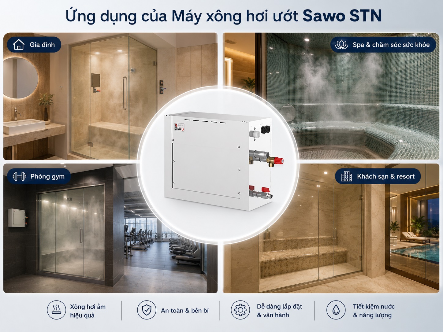 Máy xông hơi ướt Sawo STN được sử dụng trong nhiều phòng sauna.