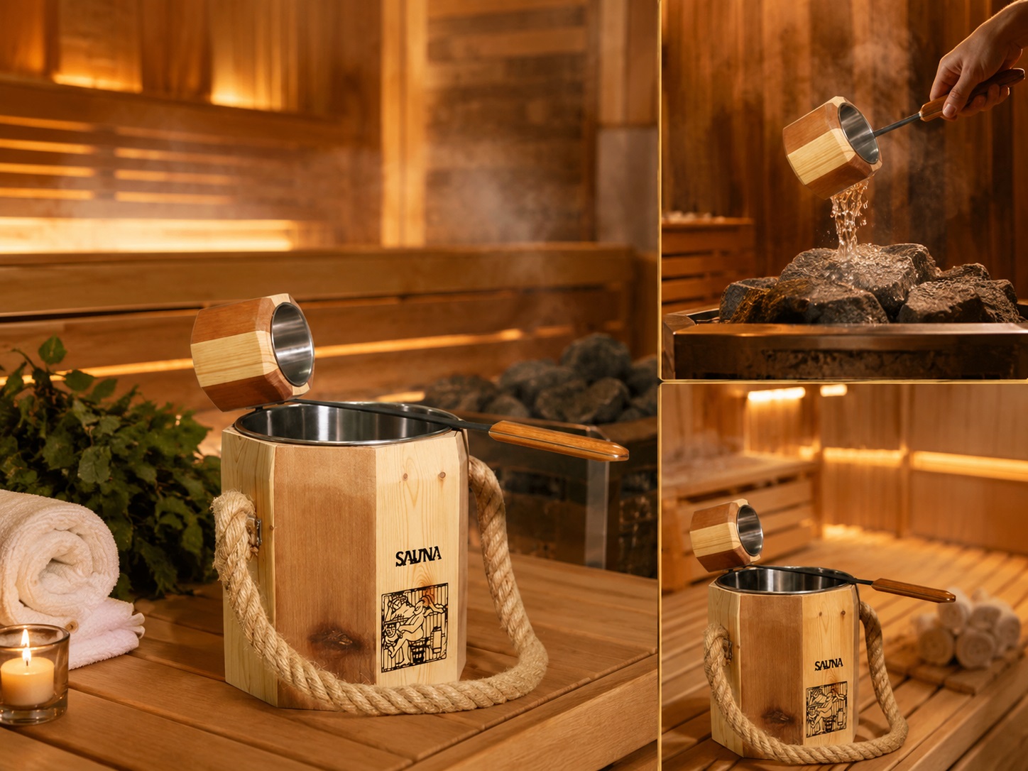Xô gỗ Sauna – Phụ kiện chứa nước tiện dụng, đồng bộ với không gian phòng xông hơi khô.