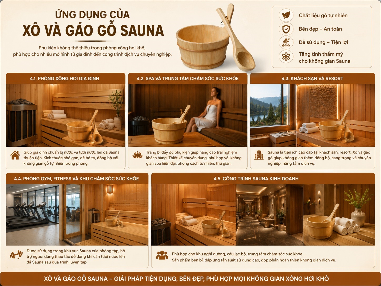 Xô và gáo gỗ Sauna được sử dụng nhiều trong các phòng xông hơi.