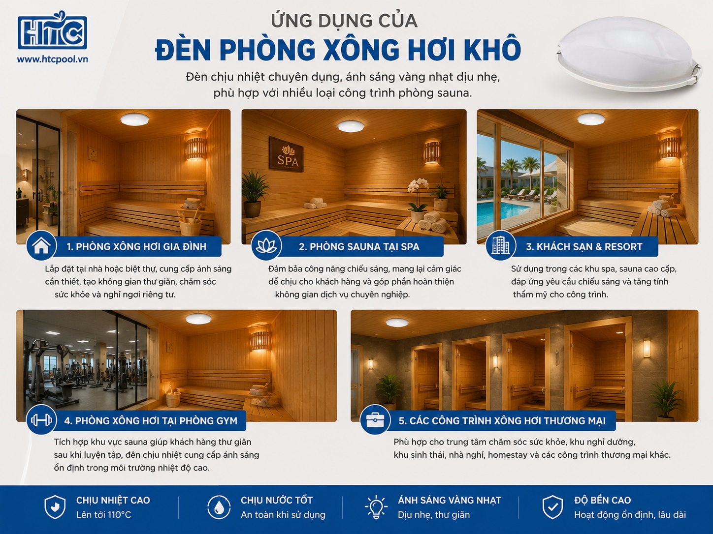 Đèn xông hơi khô được sử dụng trong các công trình sauna.