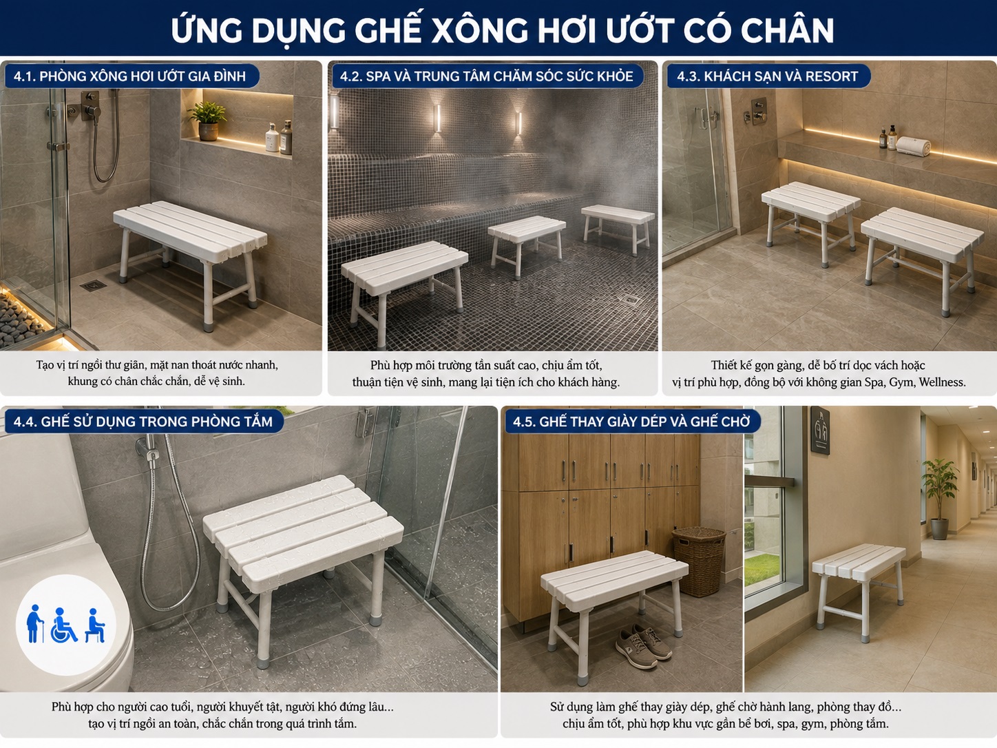 Ghế xông hơi ướt có chân được sử dụng không chỉ phòng xông hơi mà còn với mục đích khác.