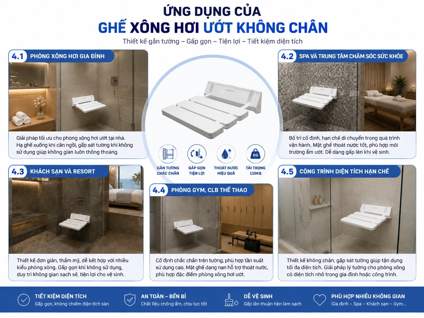Ghế xông hơi ướt không chân được sử dụng phổ biến trong các công trình xông hơi.