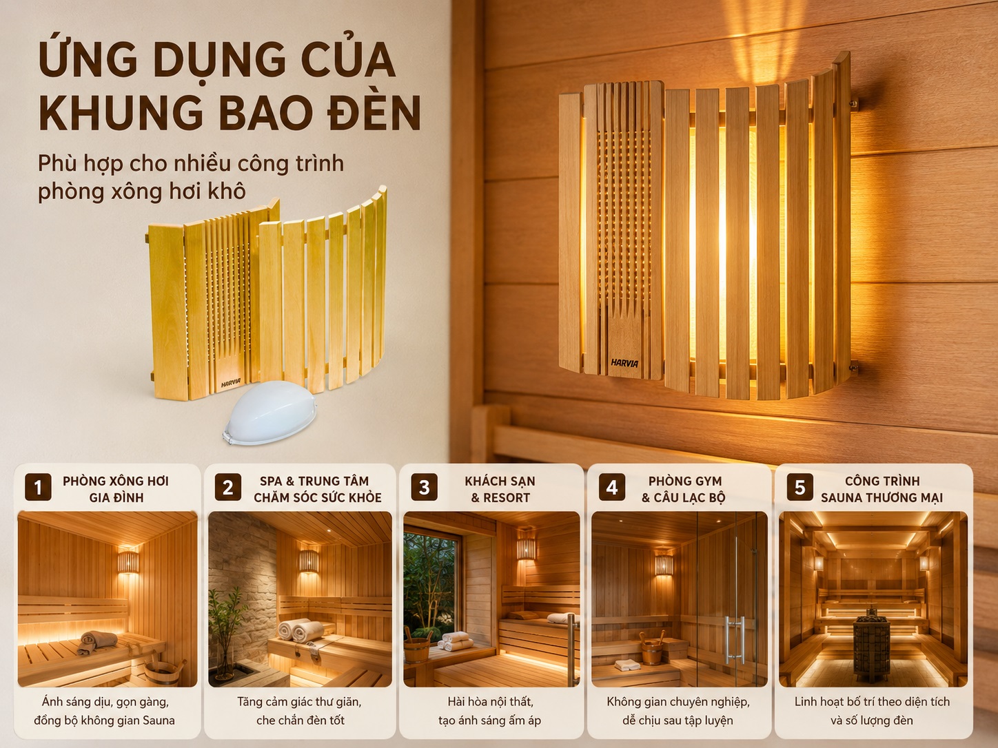 Khung bao đèn phù hợp các công trình xông hơi khô.