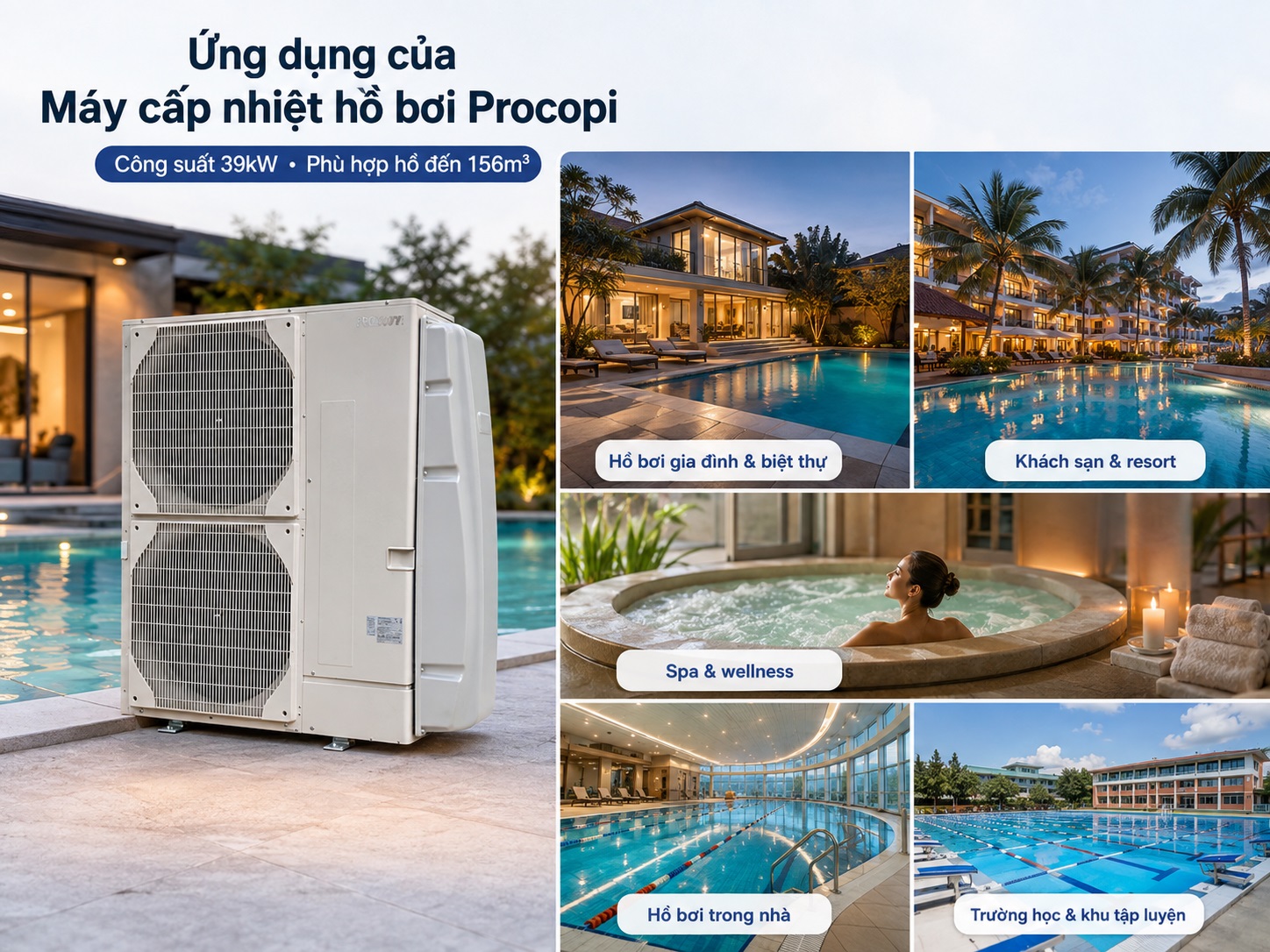 Máy cấp nhiệt hồ bơi Procopi được sử dụng trong nhiều không gian bể bơi.