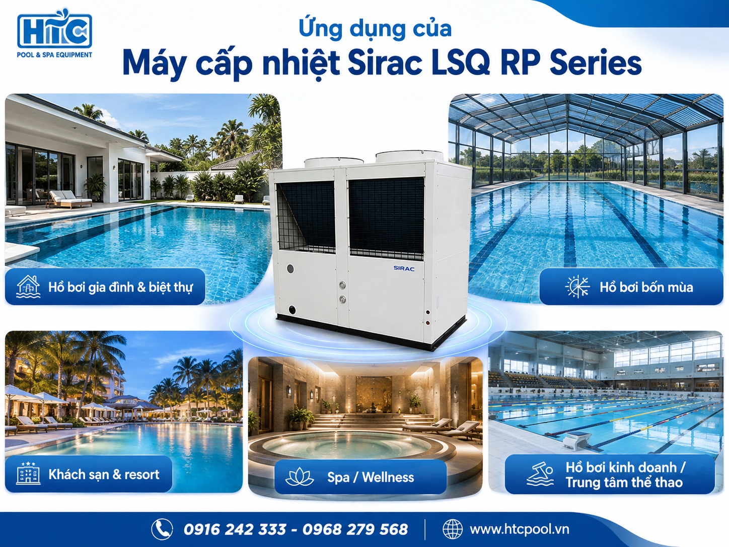 Máy cấp nhiệt Sirac LSQ RP Series được sử dụng trong nhiều không gian hồ bơi.