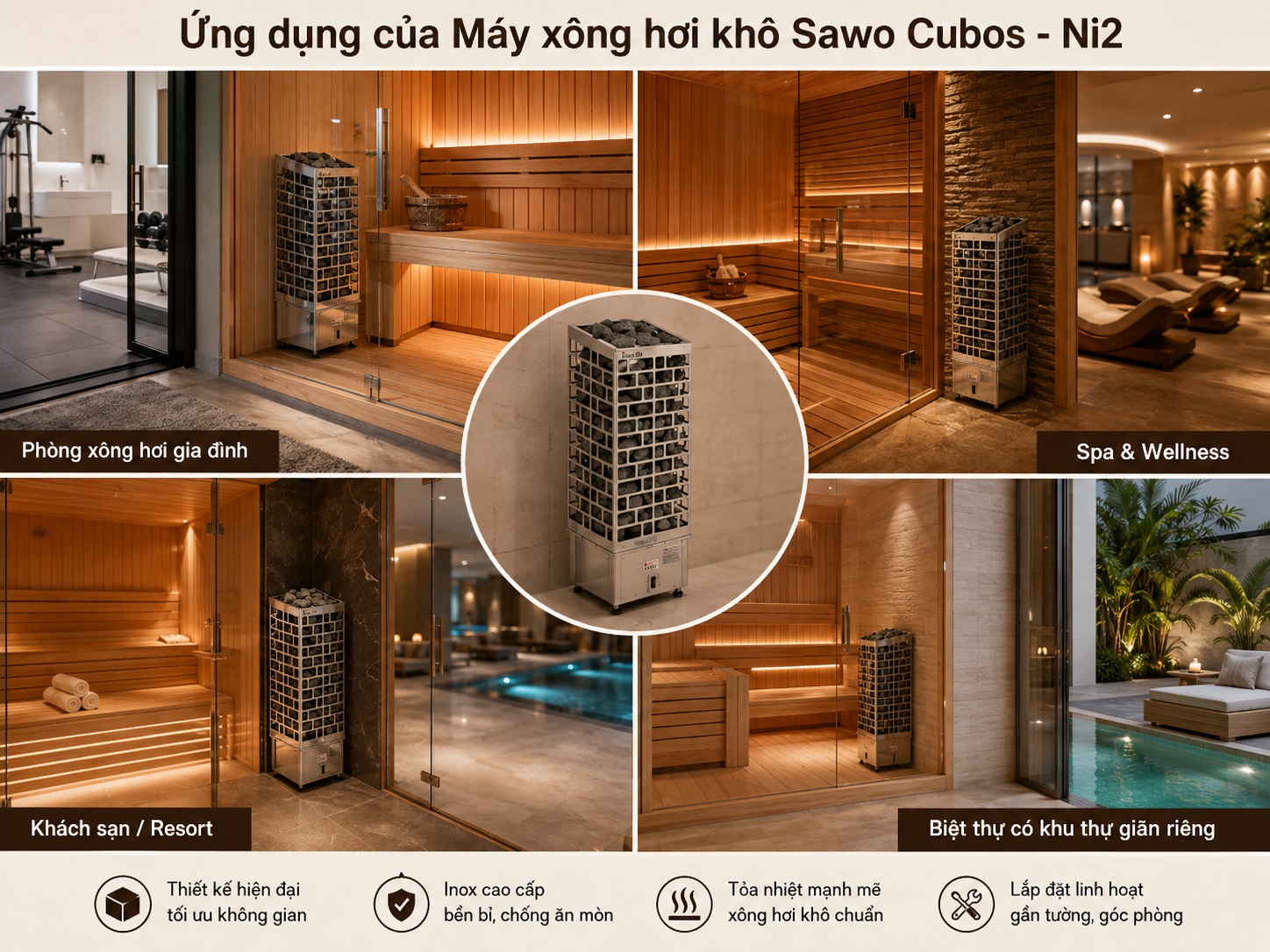 Máy xông hơi khô Sawo Cubos Ni2 được sử dụng trong nhiều phòng sauna.