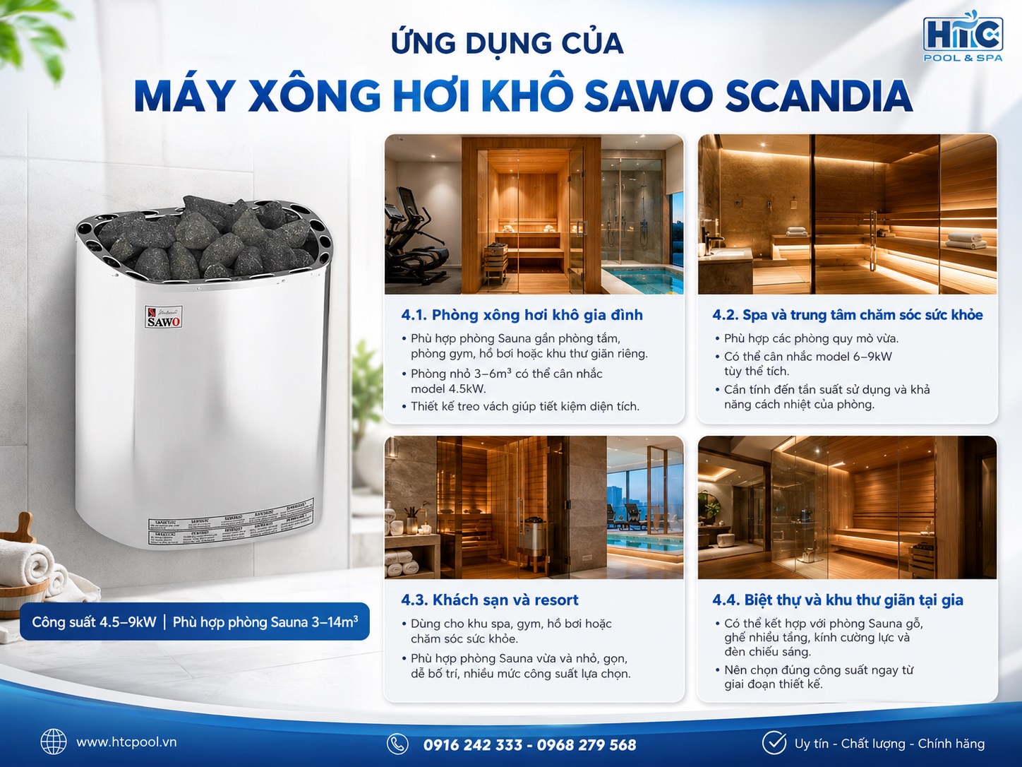 Máy xông hơi khô Sawo Scandia được sử dụng trong nhiều không gian sauna.