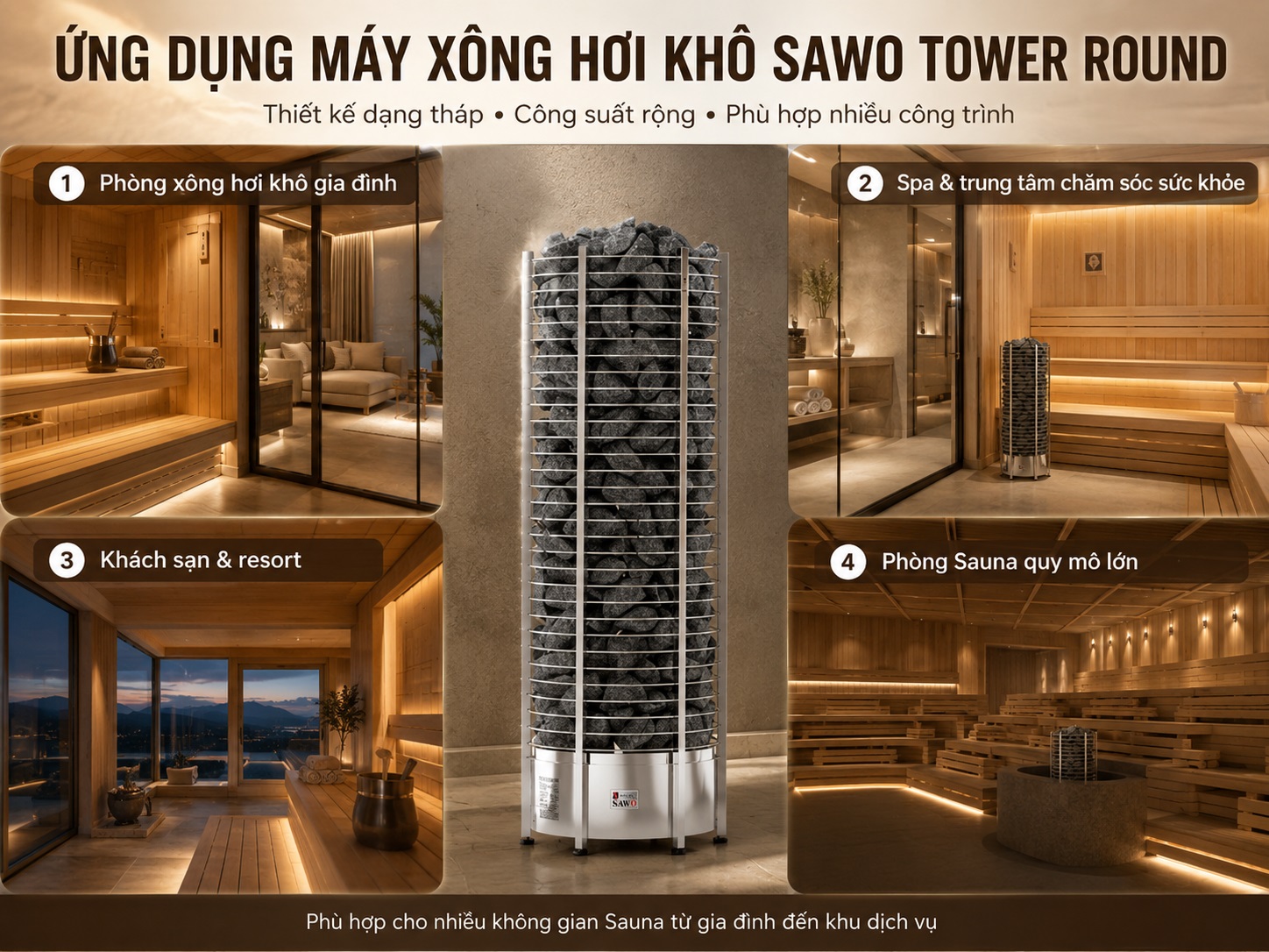 Máy xông hơi khô Sawo Tower Round được sử dụng trong những không gian sauna lớn.