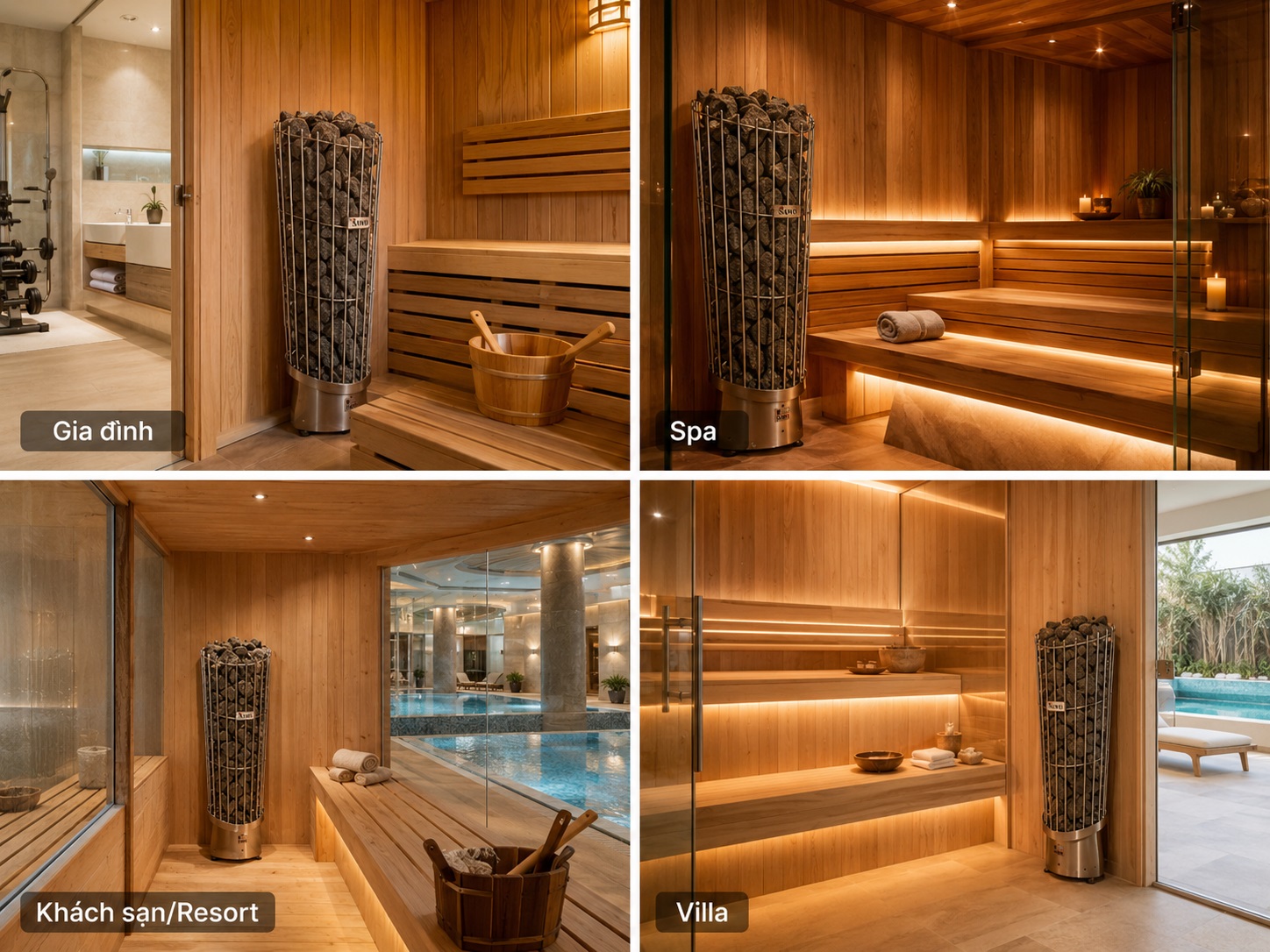Máy xông hơi khô Sawo Phoenix được sử dụng trong nhiều không gian sauna.