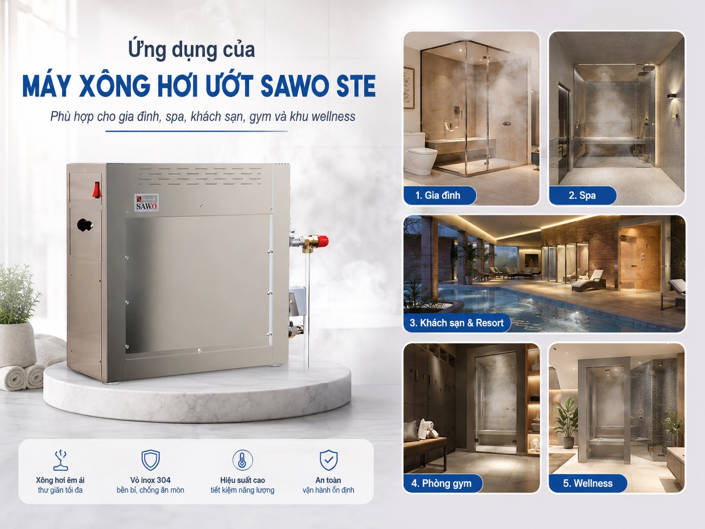 Máy xông hơi ướt Sawo STE được sử dụng trong nhiều phòng sauna.