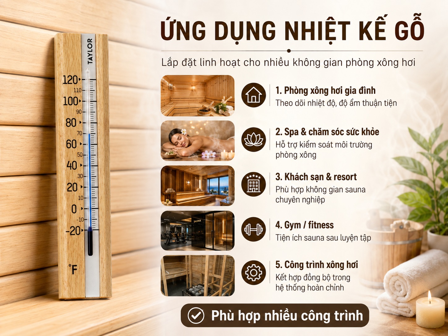 Nhiệt kế gỗ được sử dụng trong nhiều không gian phòng xông hơi.