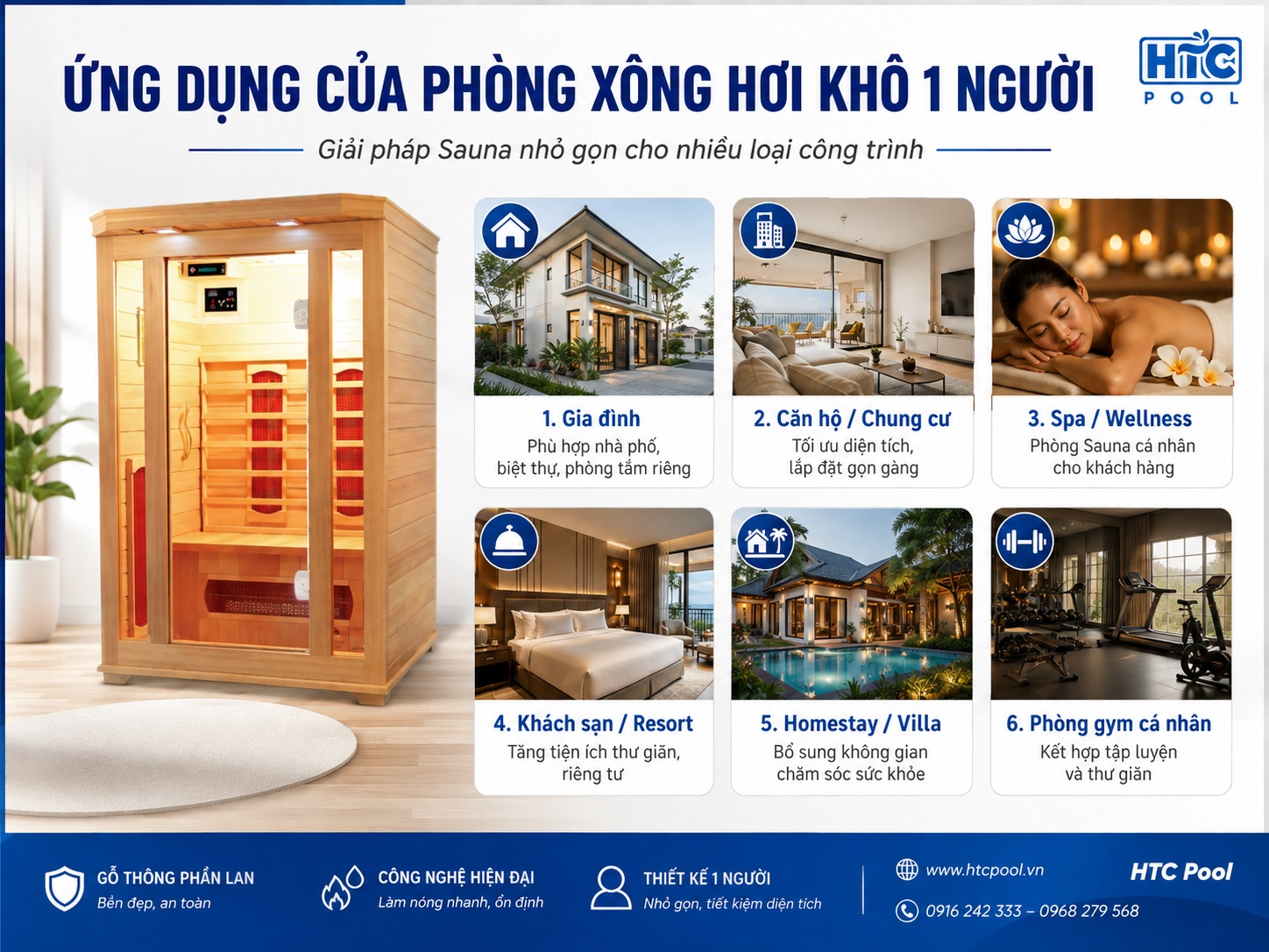 Phòng xông hơi khô 1 người phù hợp những không gian nhỏ gọn.