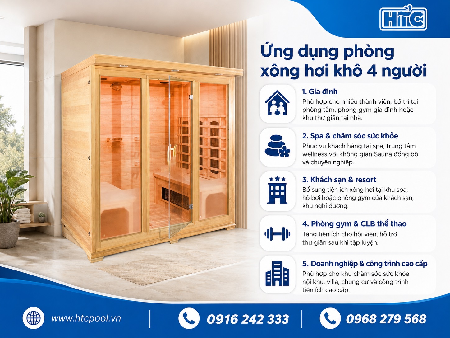 Phòng xông hơi khô 4 người dùng cho nhiều mô hình gia đình và thương mại.