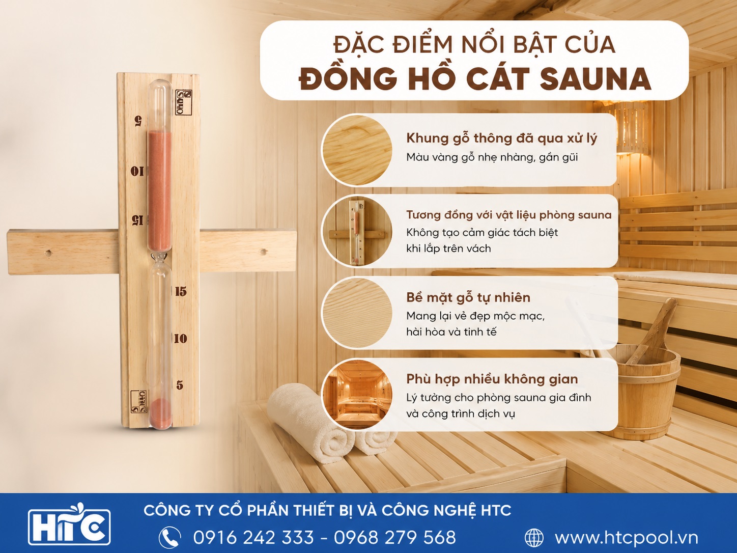Đồng hồ cát sauna có màu gỗ thông tự nhiên phù hợp với thiết kế phòng xông hơi.