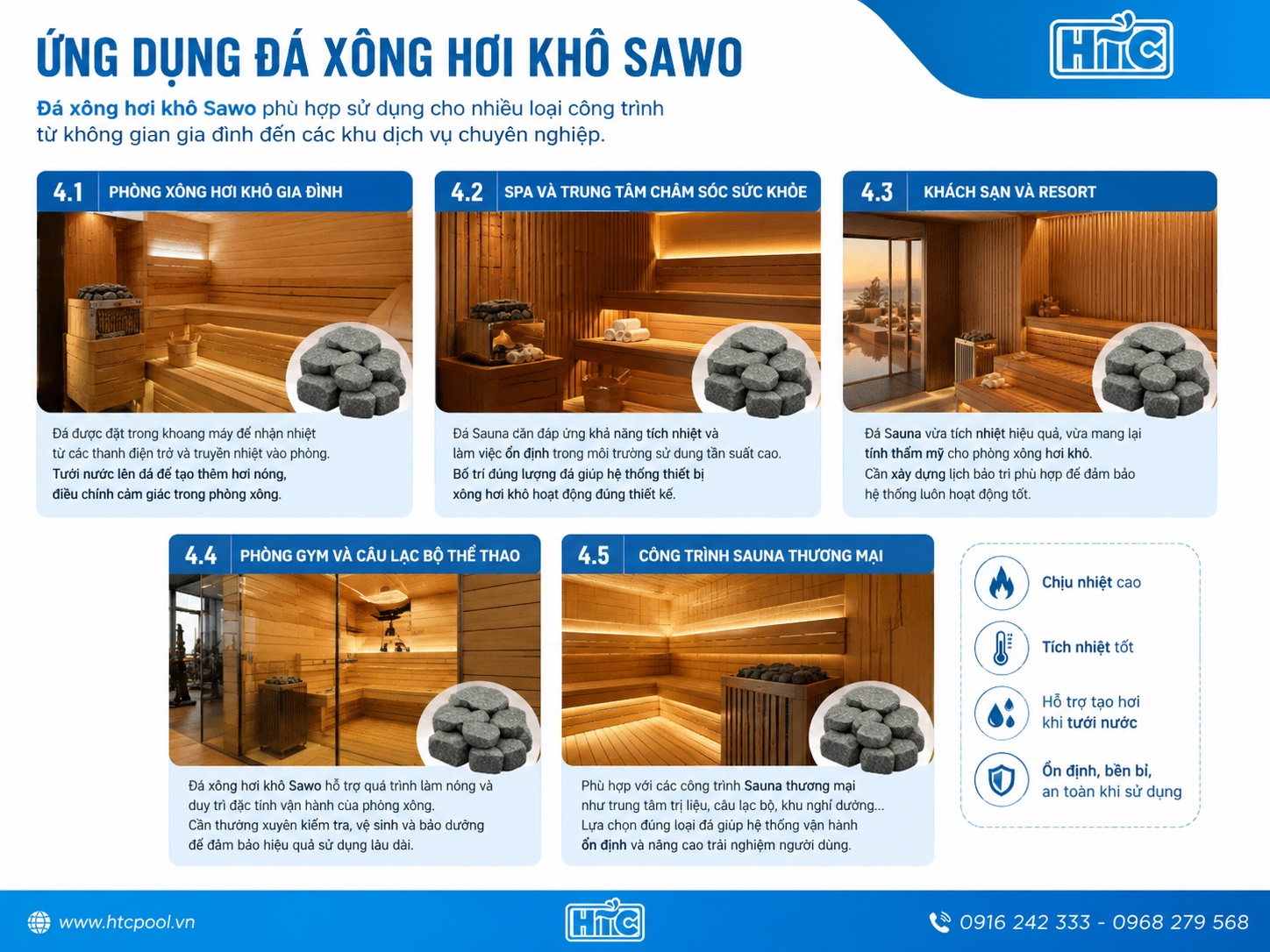 Đá xông hơi khô được sử dụng trong nhiều loại không gian phòng xông hơi.