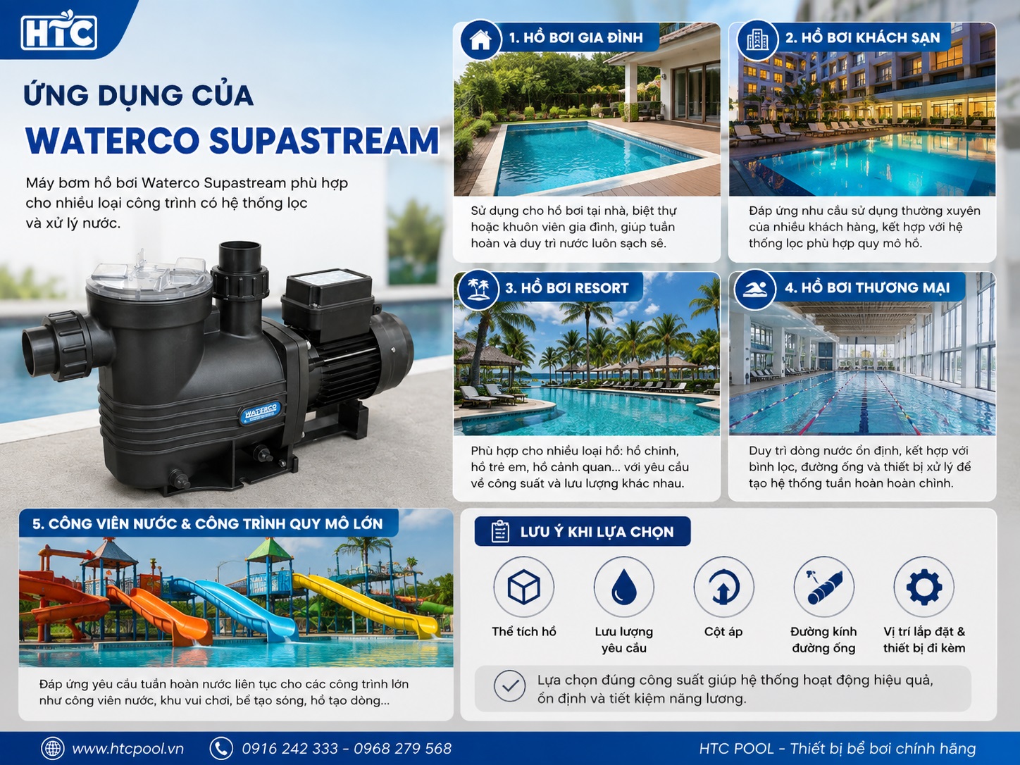 Máy bơm Waterco Supastream được sử dụng trong nhiều hệ thống hồ bơi.