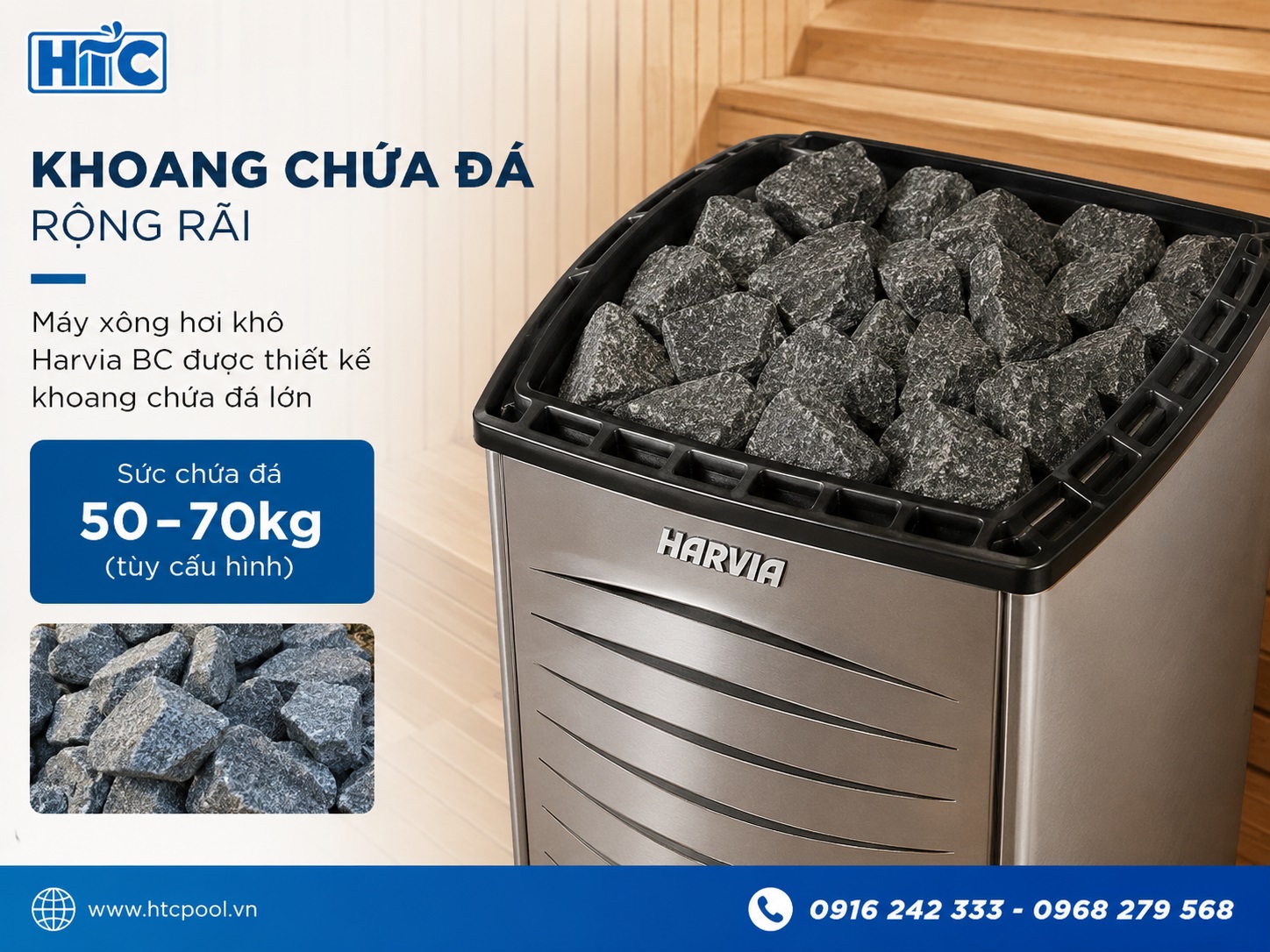 Máy xông hơi khô Harvia BC có khoang chứa đá lớn đến 70kg.