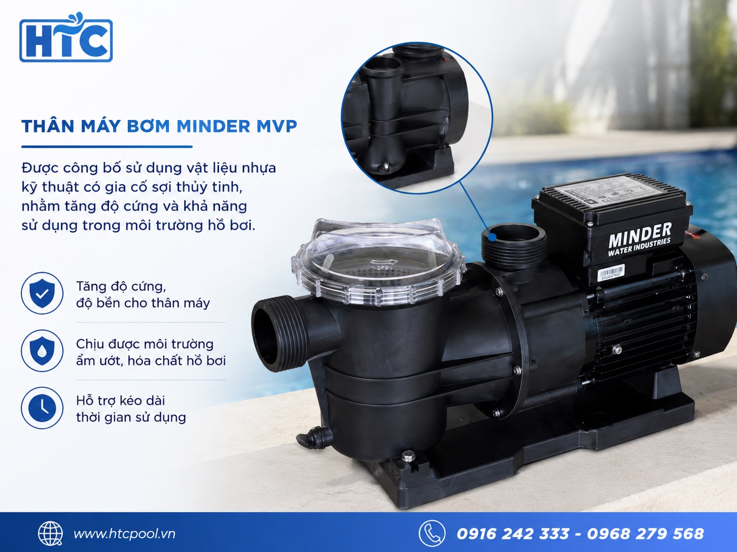 Thân máy bơm Minder MVP bền, chắc chắn.