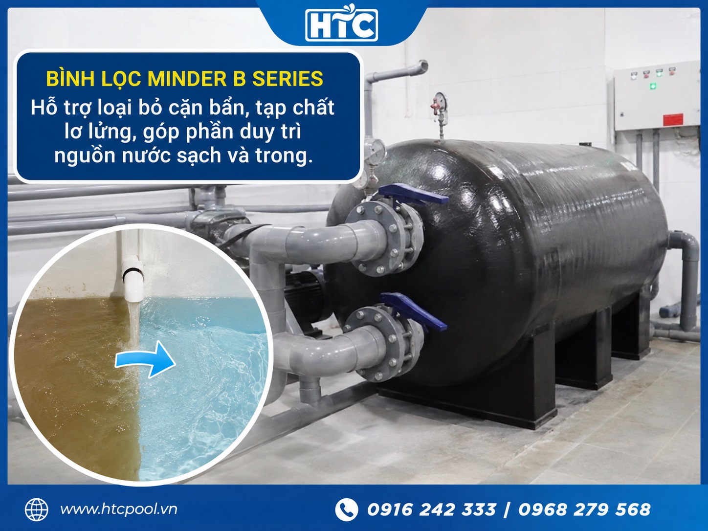 Bình lọc Minder B Series loại bỏ cặn bẩn, giúp nước trong sạch.