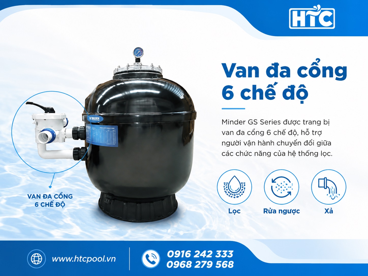 Bình lọc Minder GS Series có van đa cổng 6 chế độ.