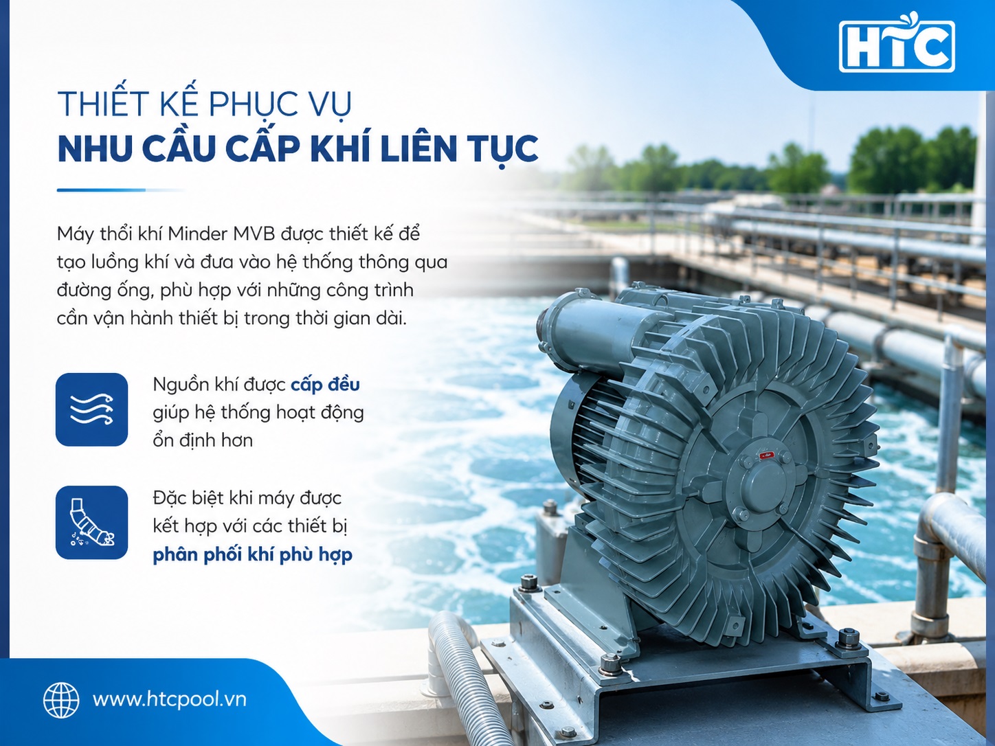 Máy thổi khí Minder MVB có thể cấp khí liên tục trong thời gian dài.