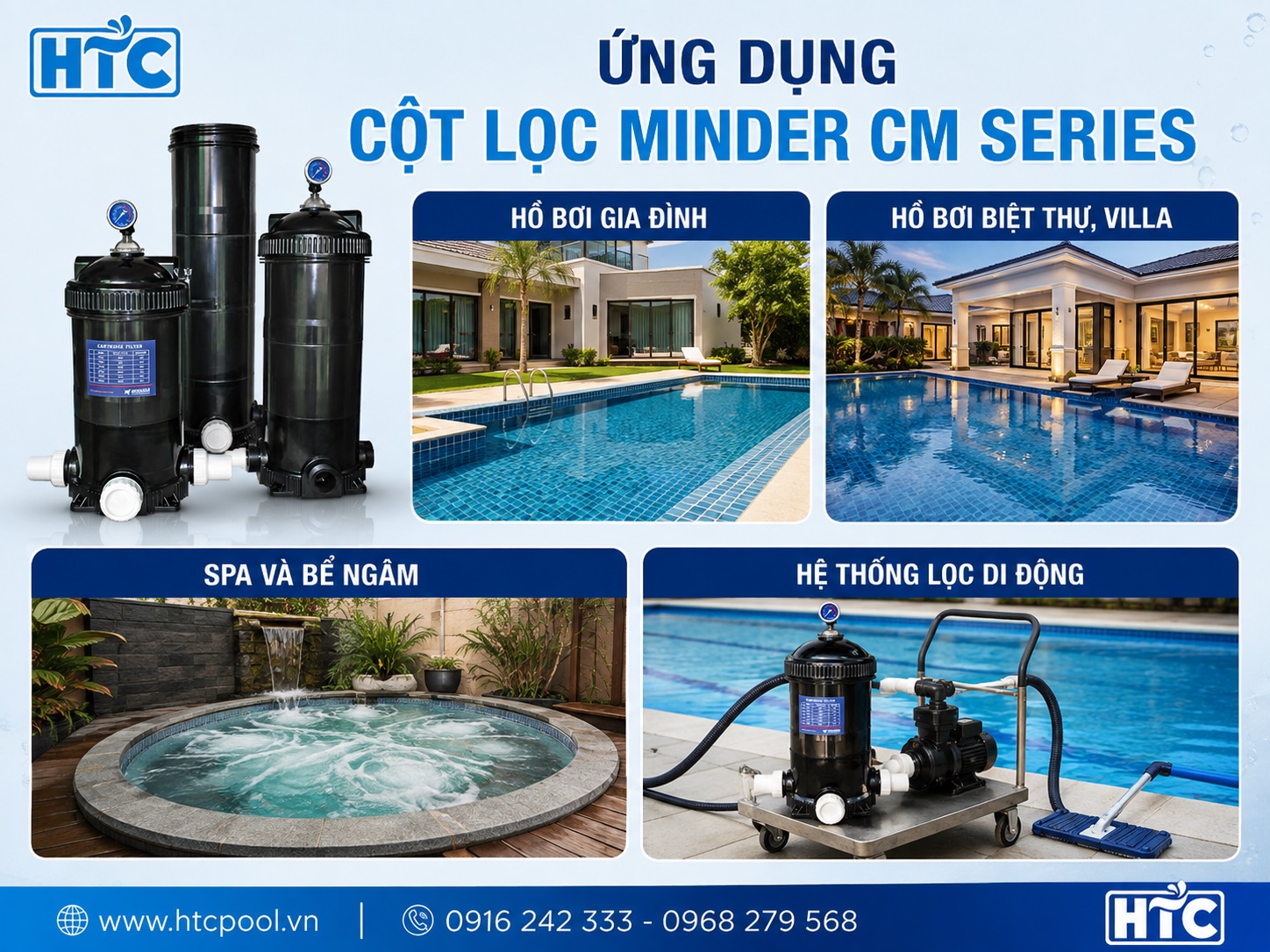 Cột lọc Minder CM Series được sử dụng trong nhiều hệ thống hồ bơi.