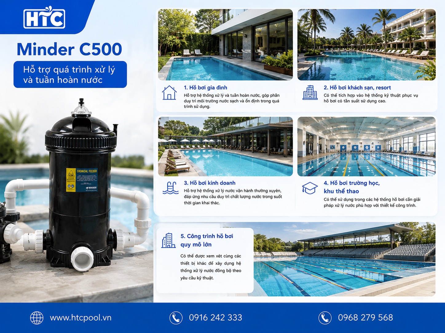 Minder C500 được sử dụng trong các hệ thống hồ bơi để làm sạch nước.