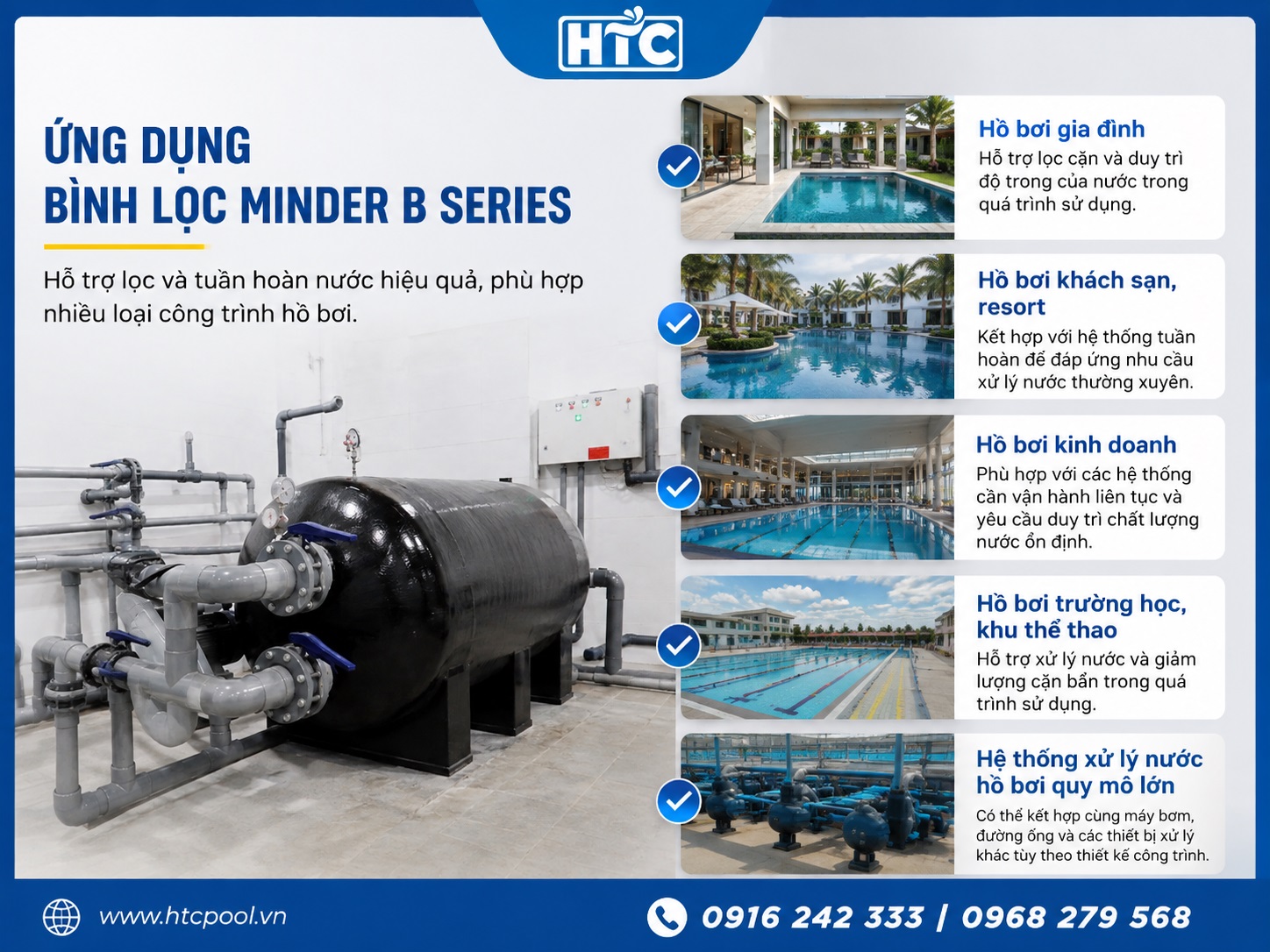 Bình lọc Minder B Series phù hợp với nhiều loại công trình hồ bơi.