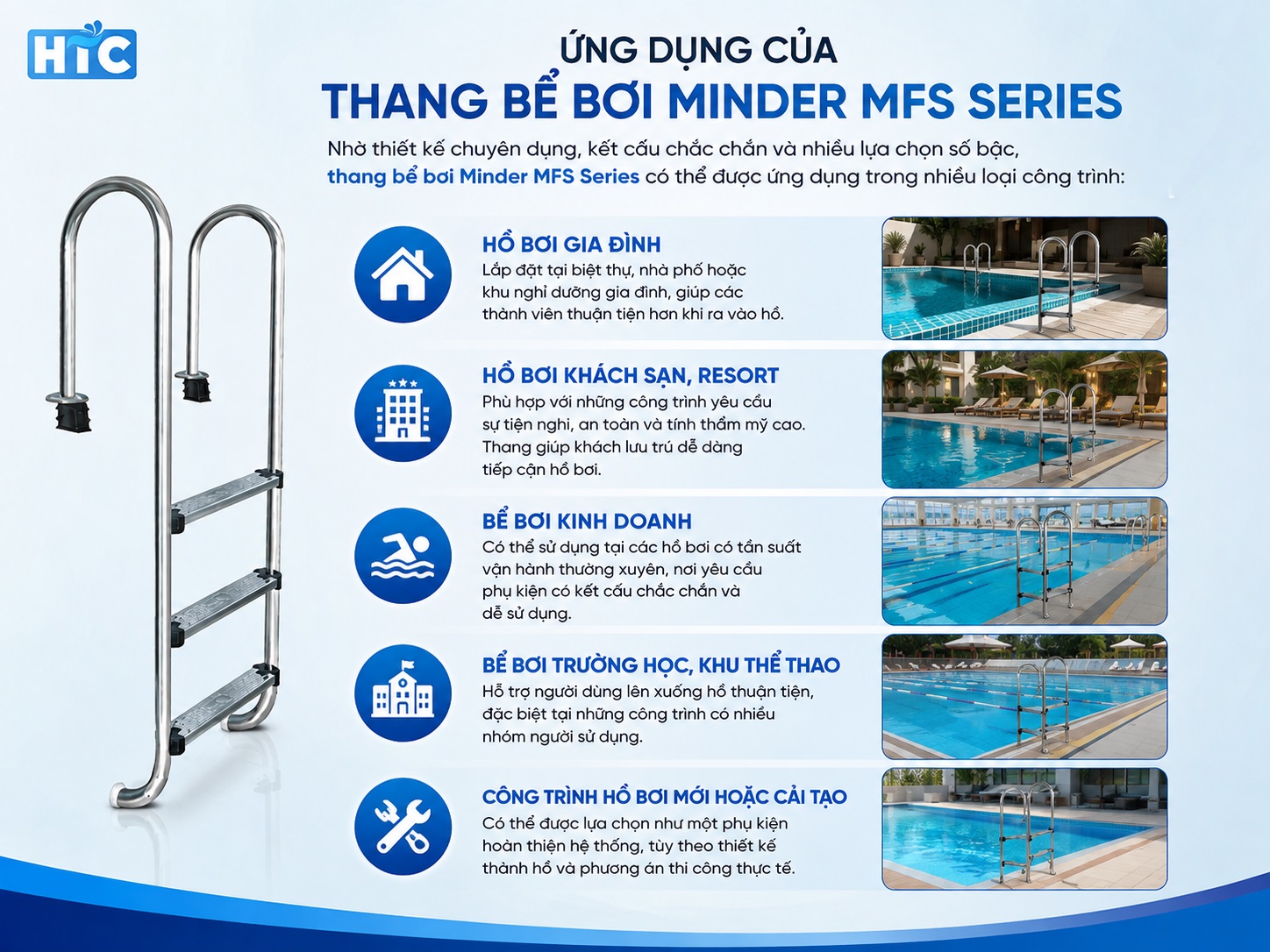 Thang bể bơi Minder MFS Series được sử dụng trong nhiều công trình.