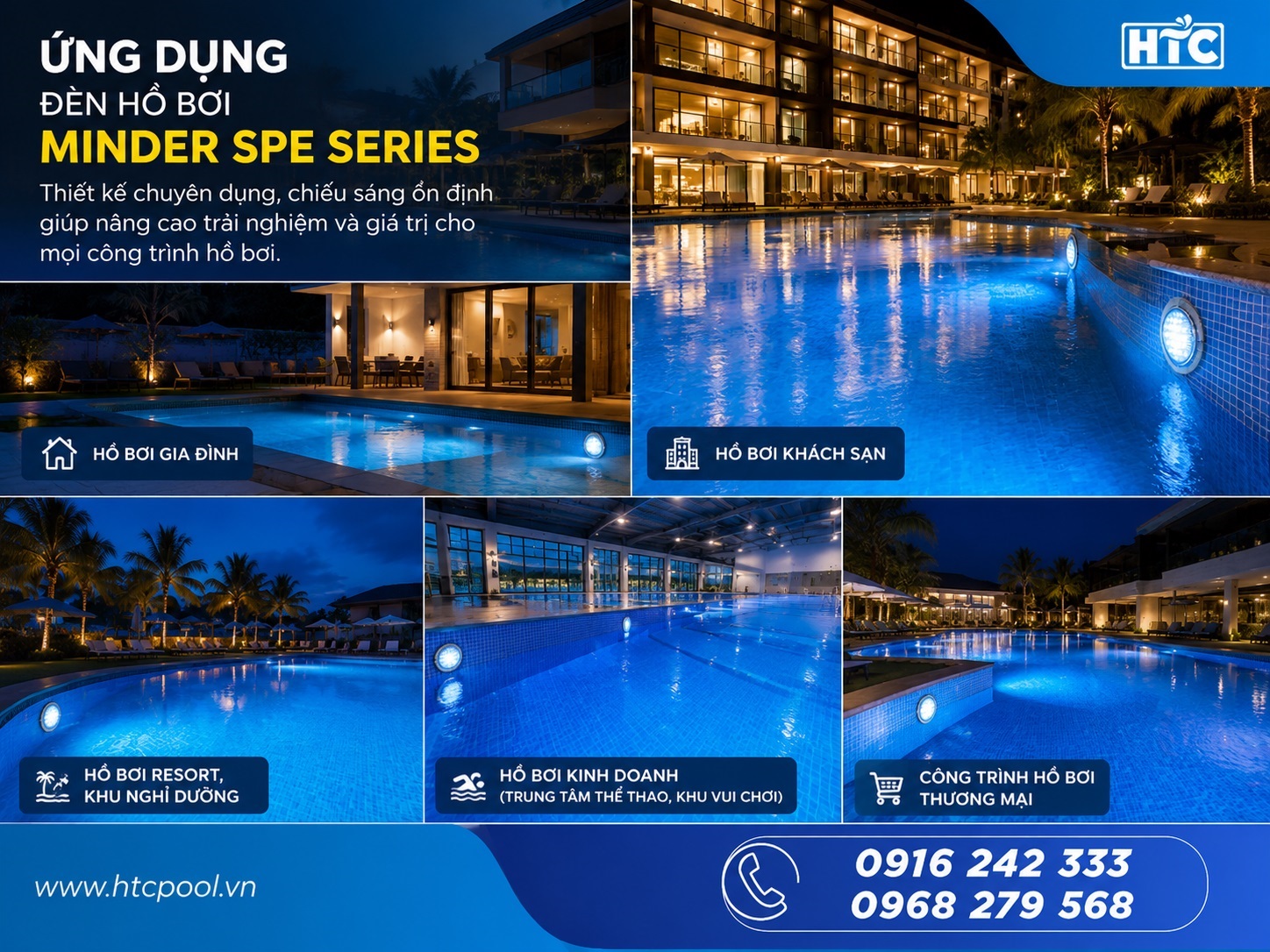 Đèn hồ bơi Minder SPE Series được lắp đặt trong nhiều loại công trình.