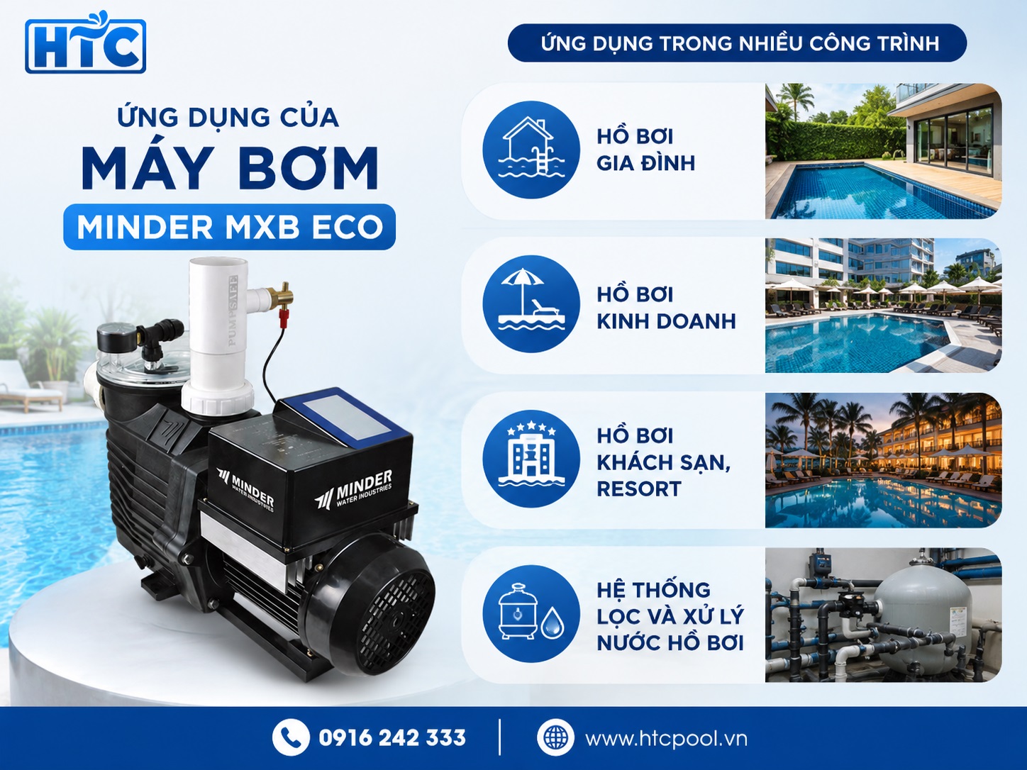 Máy bơm Minder MXB Eco được ứng dụng trong nhiều công trình hồ bơi.