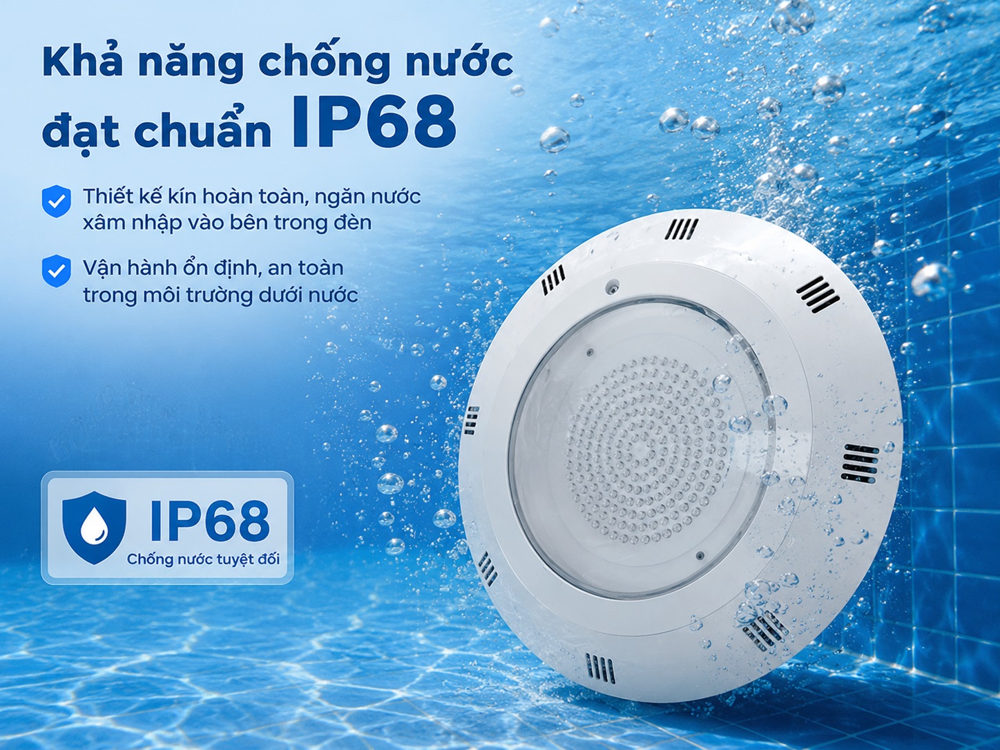 Đèn hồ bơi Emaux P100 Series có khả năng chống nước.