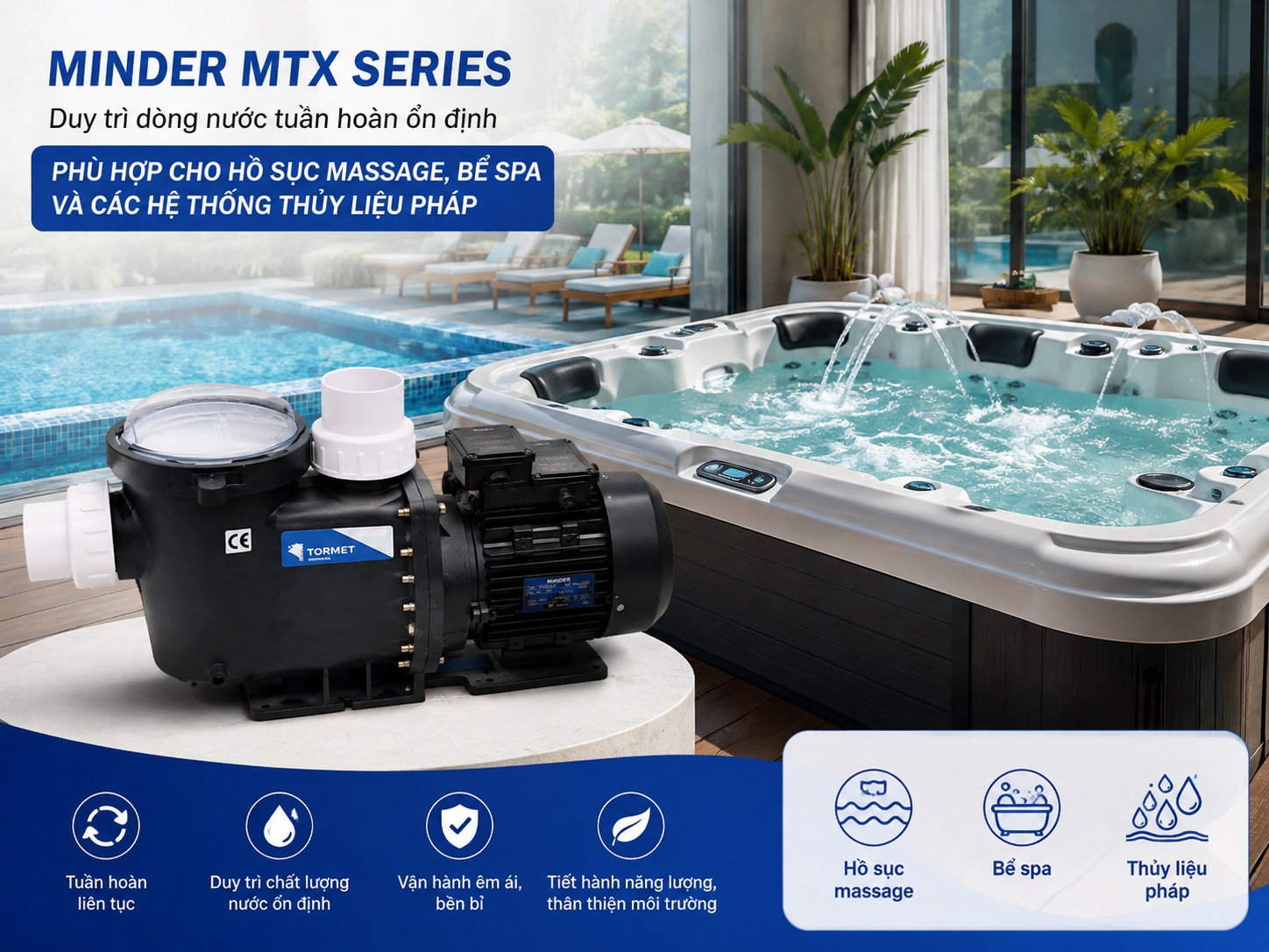 Máy bơm Minder MTX Series được sử dụng ở các hồ sục massage.