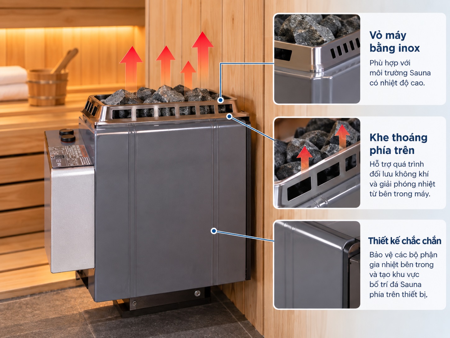 Phần vỏ của Máy xông hơi Amazon AM-MI Series cầu tạo từ inox.