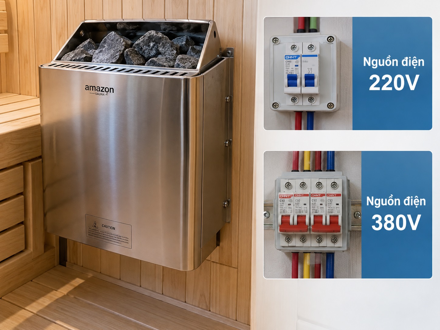 Máy xông hơi Amazon AM-MI-C Series có nguồn điện 220V hoặc 380V.