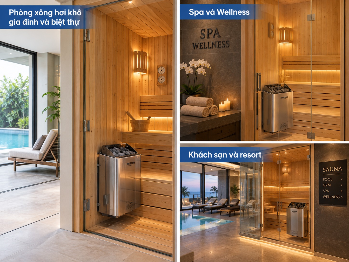 Máy xông hơi Amazon AM-MI-C Series được sử dụng trong nhiều không gian sauna.