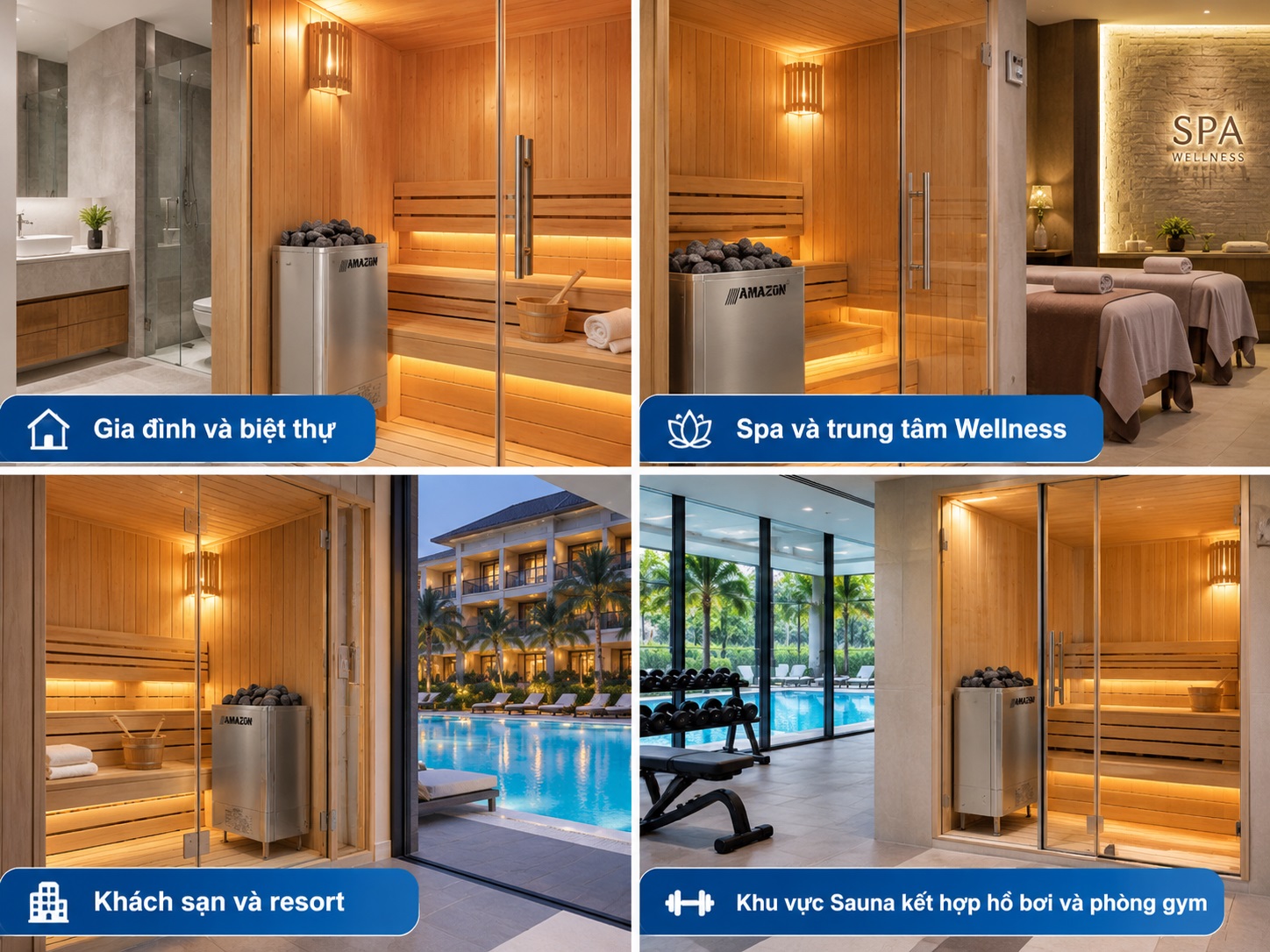 Máy xông hơi Amazon AM-A Series được sử dụng trong nhiều không gian sauna.