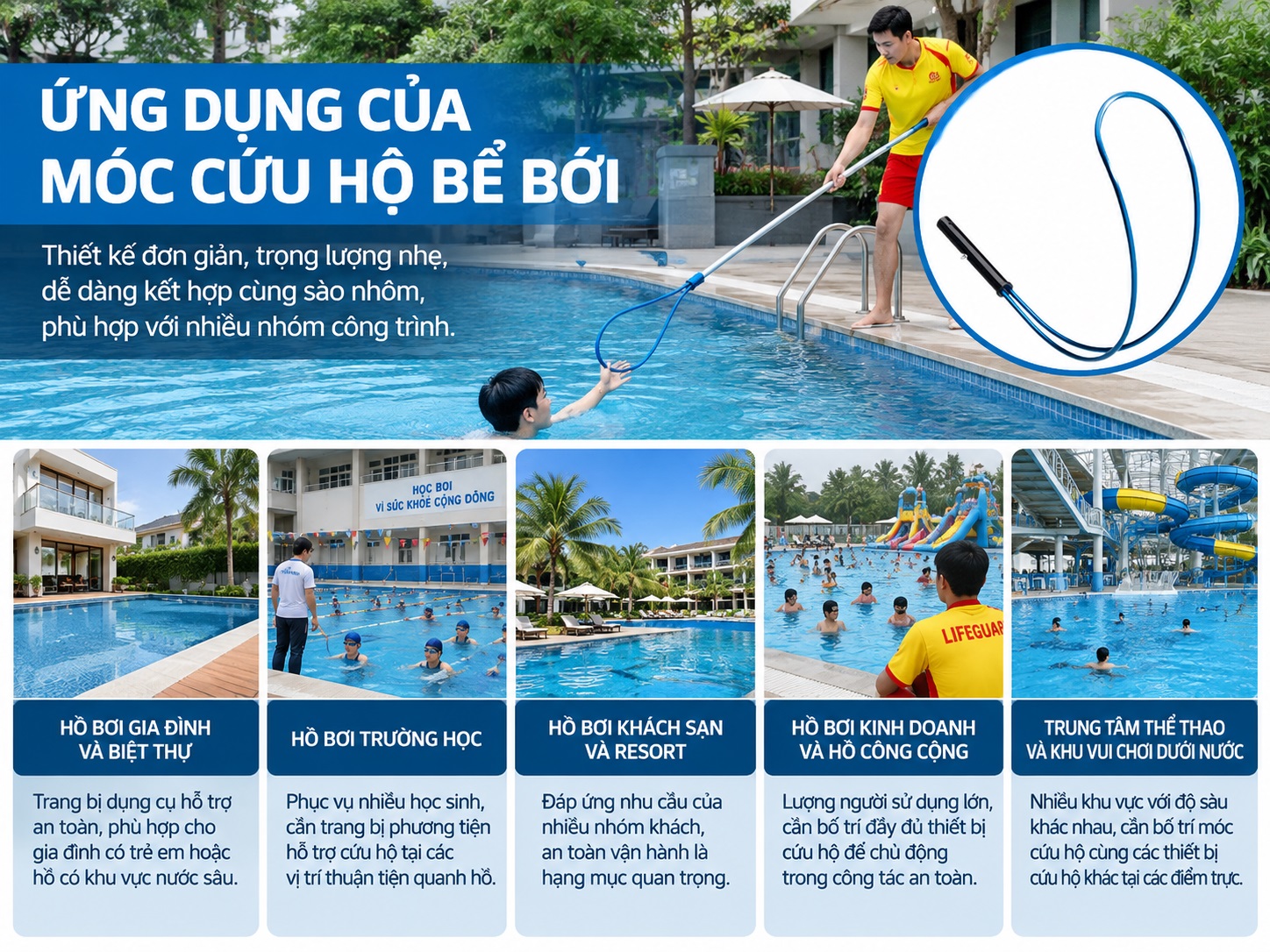 Móc cứu hộ bể bơi được sử dụng trong nhiều công trình hồ nước.