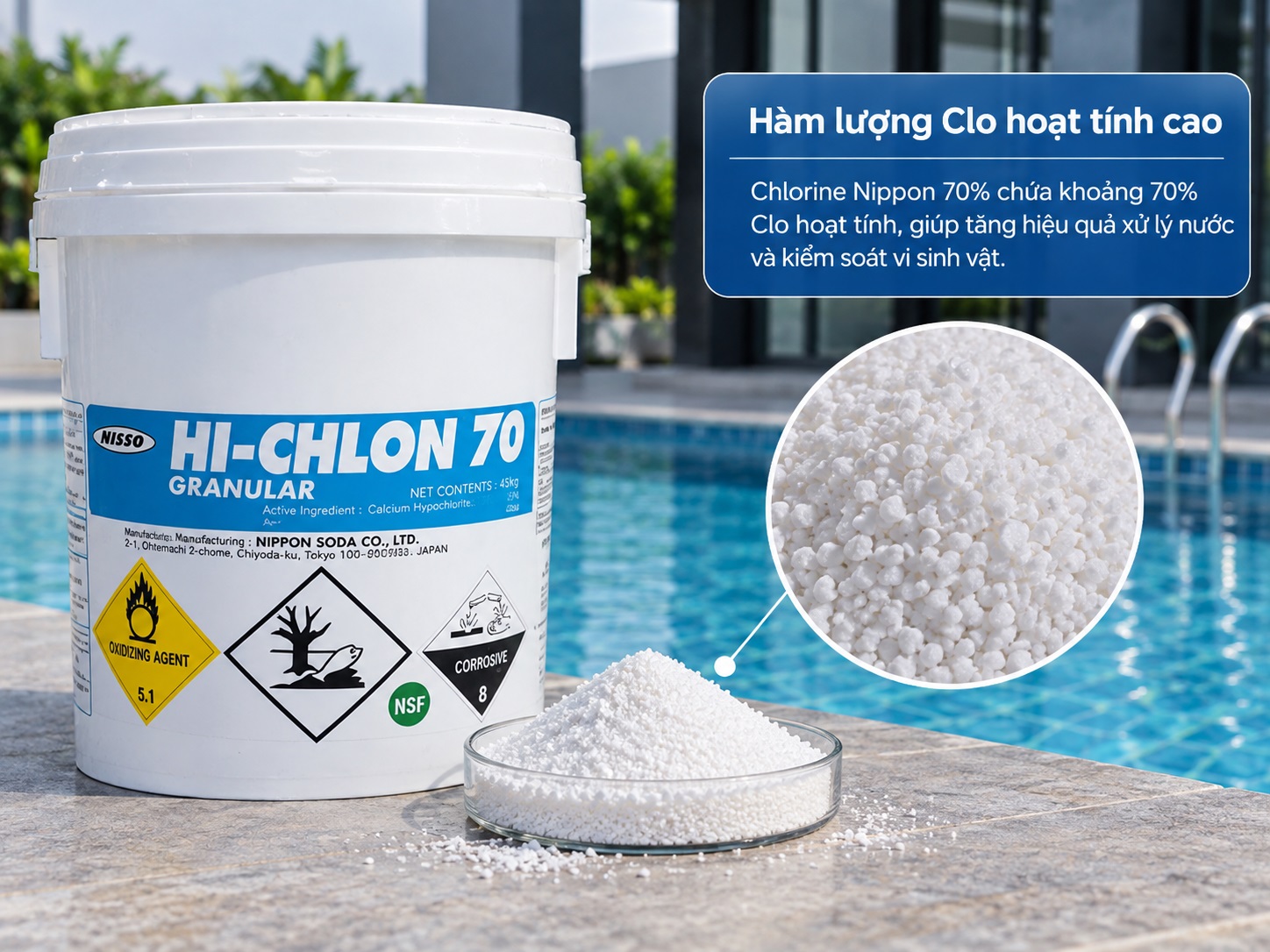 Chlorine Nippon 70% có hàm lượng clo hoạt tính mức cao.