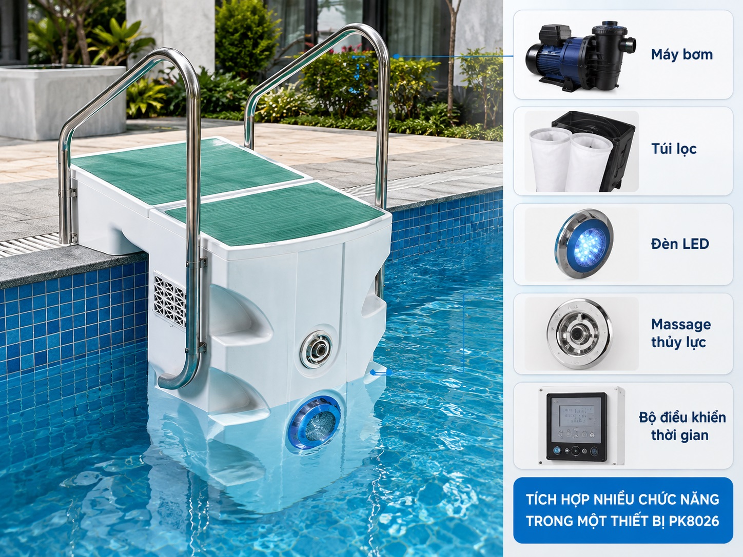 Máy lọc nước hồ bơi thông minh PK8026 tích hợp nhiều chức năng.